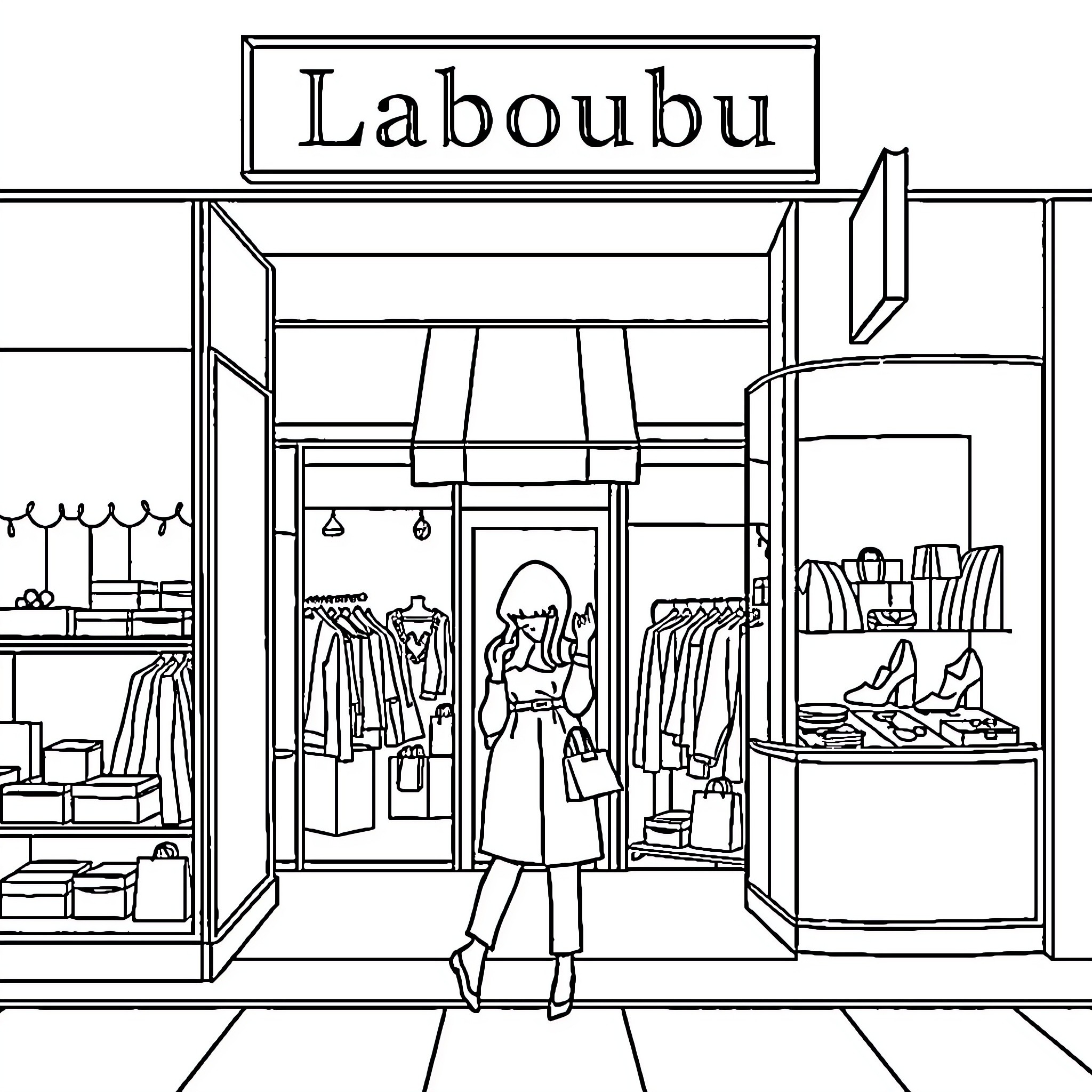 Labubu's fashionable store visit Coloring Page (free black-and-white line drawing printable PDF for all, from beginners to advanced learners, including children, teens, adults, and seniors)