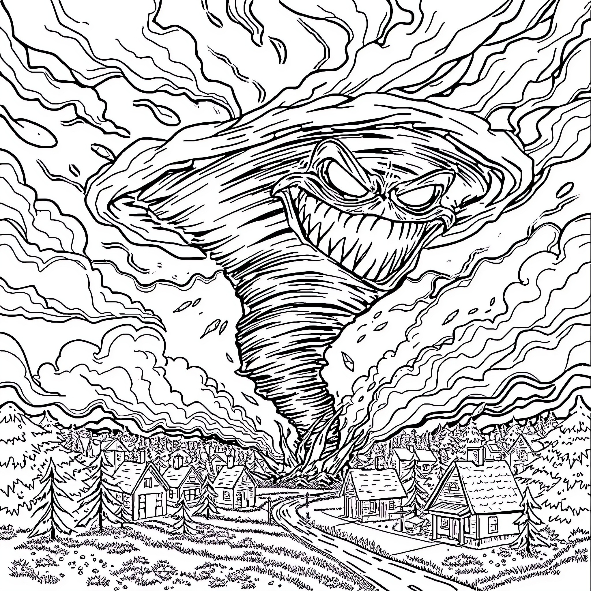 Tornado Ravaging a Small Town Coloring Page (free black-and-white line drawing printable PDF for all, from beginners to advanced learners, including children, teens, adults, and seniors)