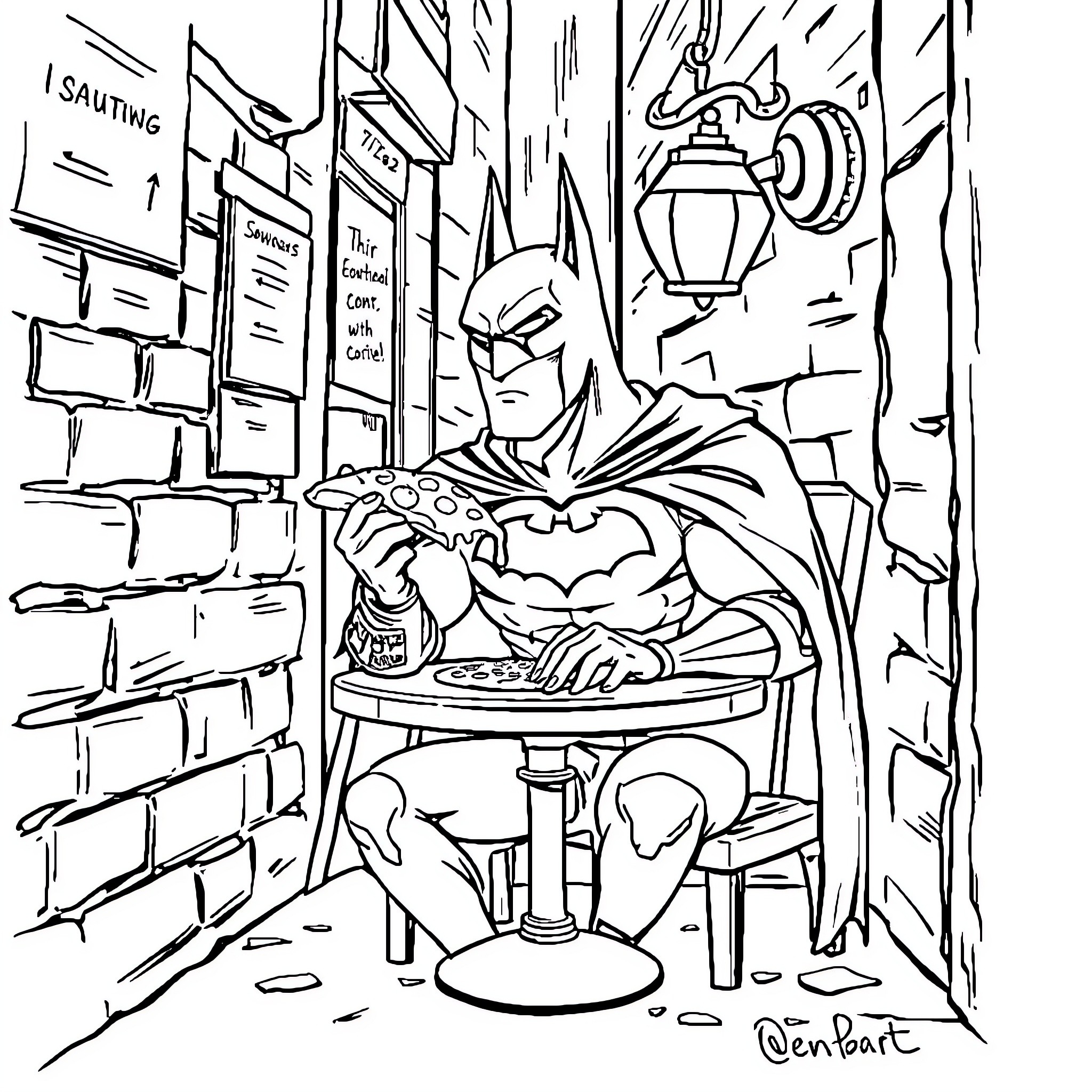 Batman enjoying a late-night meal in a gritty alley Coloring Page (free black-and-white line drawing printable PDF for all, from beginners to advanced learners, including children, teens, adults, and seniors)