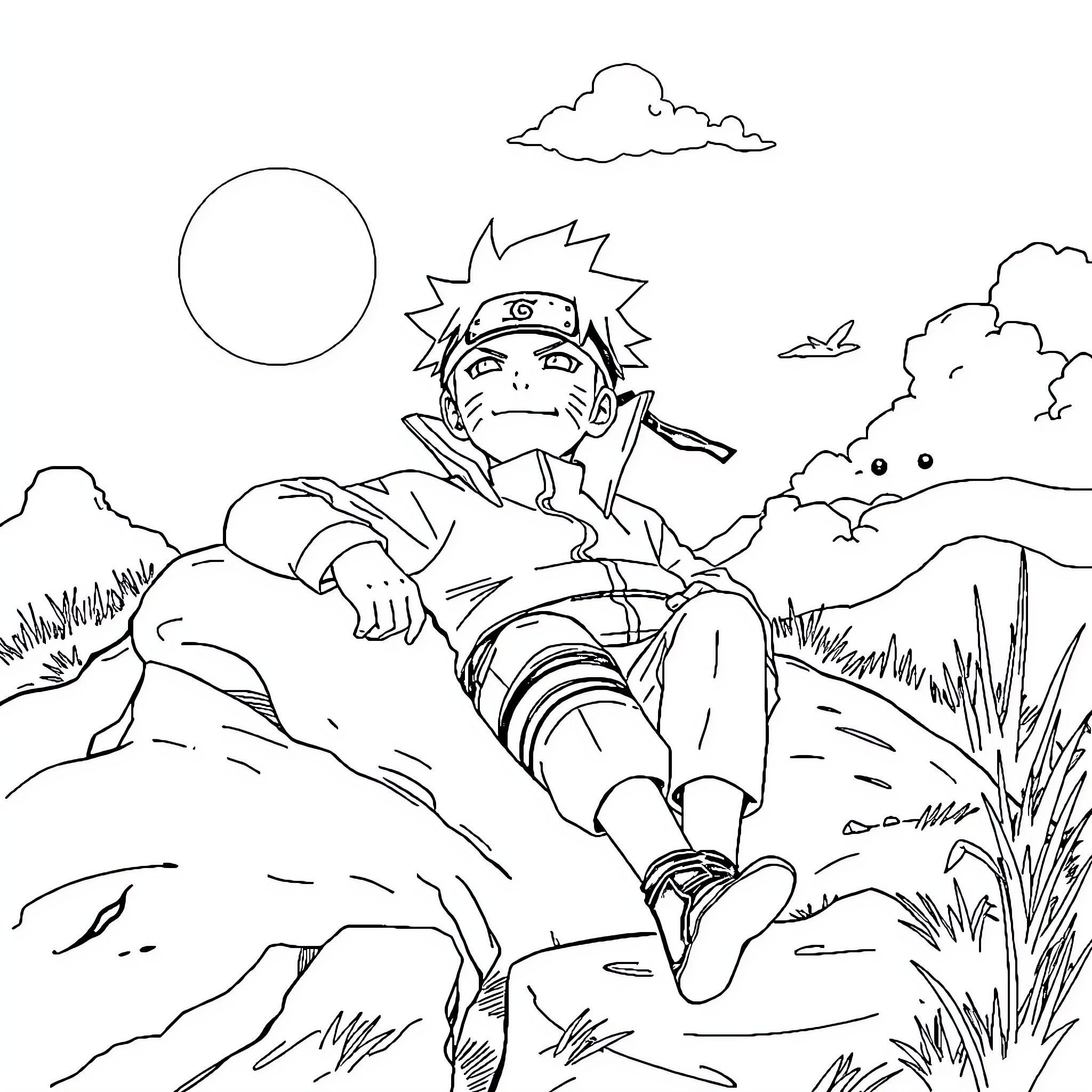 Naruto taking a break amidst the wilderness Coloring Page (free black-and-white line drawing printable PDF for all, from beginners to advanced learners, including children, teens, adults, and seniors)