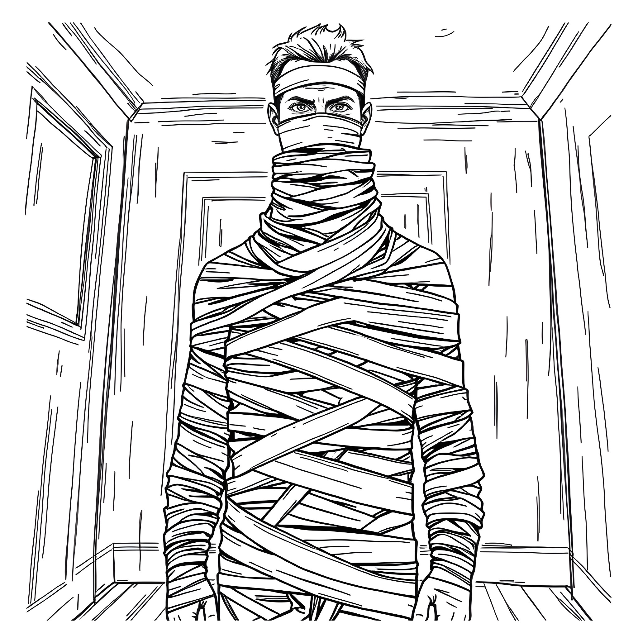 Mummy standing in the dark hallway Coloring Page (free black-and-white line drawing printable PDF for all, from beginners to advanced learners, including children, teens, adults, and seniors)