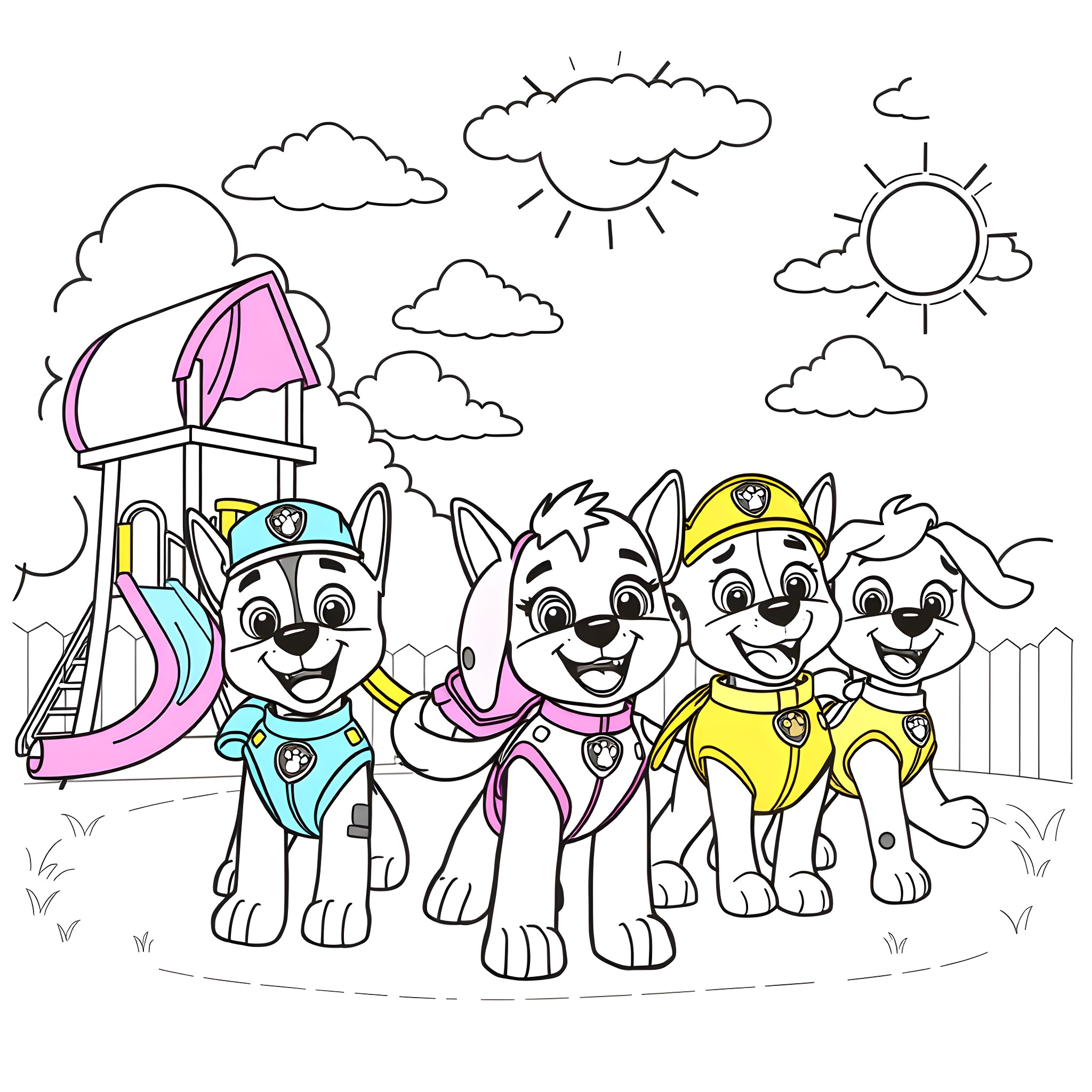 Paw Patrol characters exploring the outdoors Coloring Page (free black-and-white line drawing printable PDF for all, from beginners to advanced learners, including children, teens, adults, and seniors)
