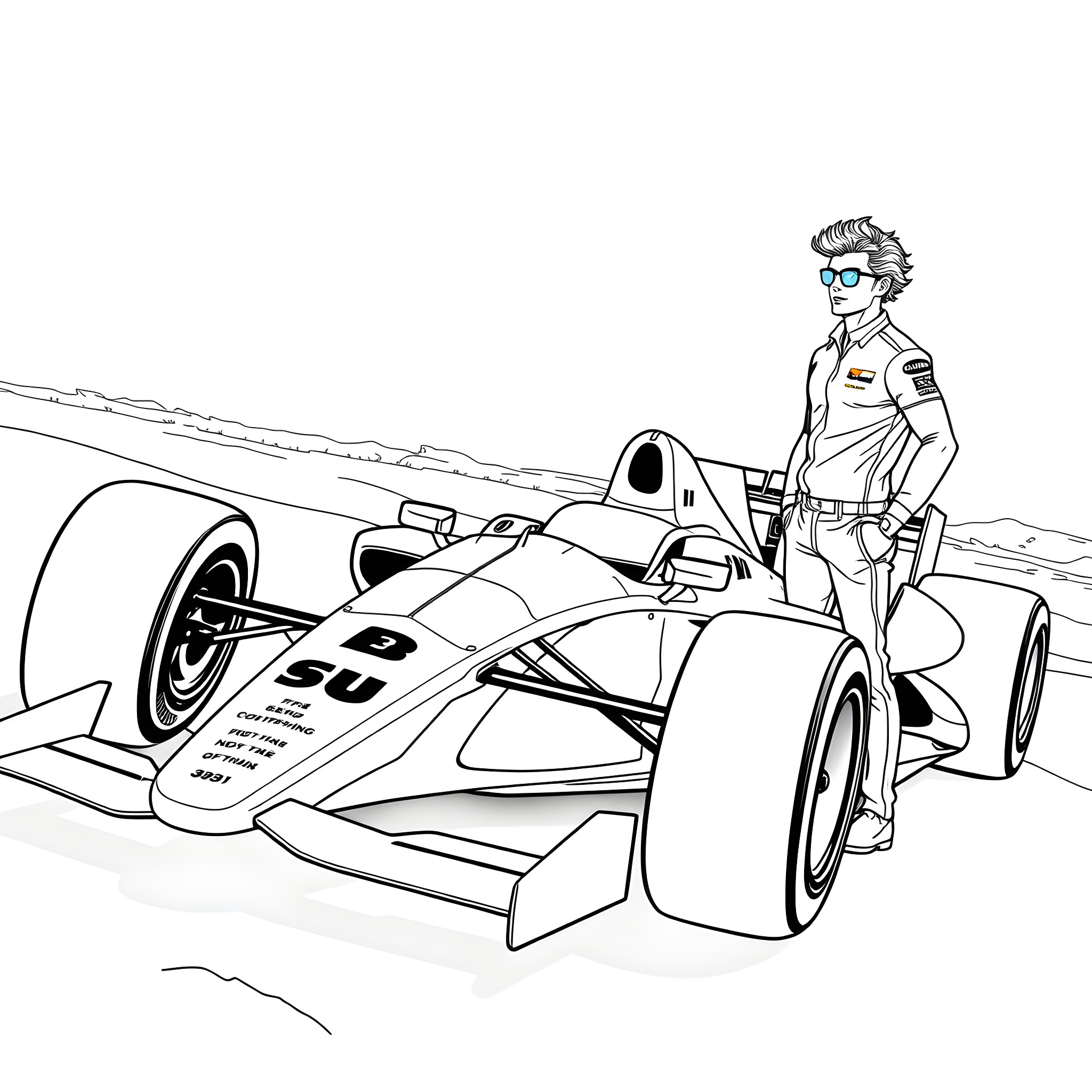 Formula 1 Car and Racing Driver in Pit Stop Coloring Page (free black-and-white line drawing printable PDF for all, from beginners to advanced learners, including children, teens, adults, and seniors)