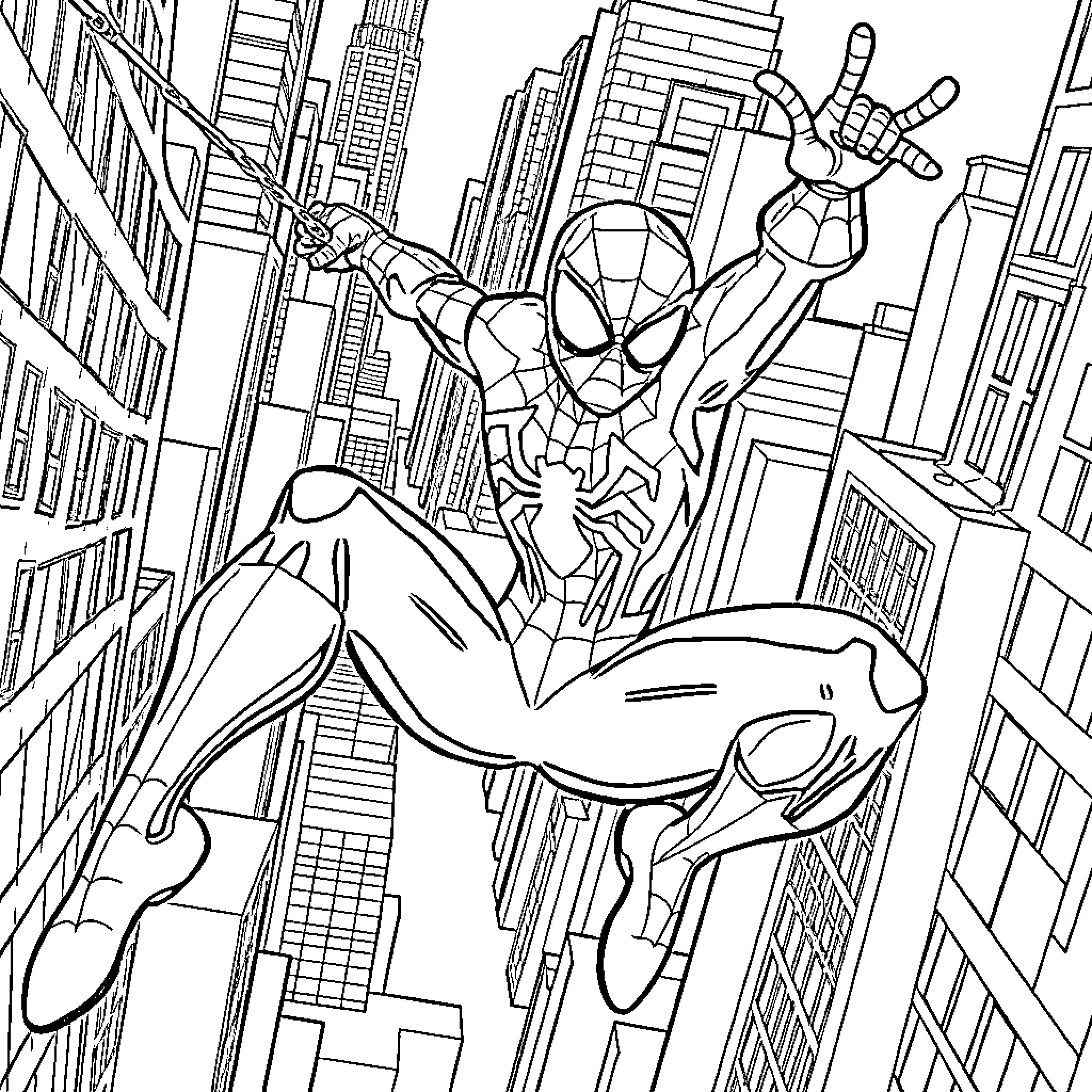 Spider-Man swinging through the city Coloring Page (free black-and-white line drawing printable PDF for all, from beginners to advanced learners, including children, teens, adults, and seniors)