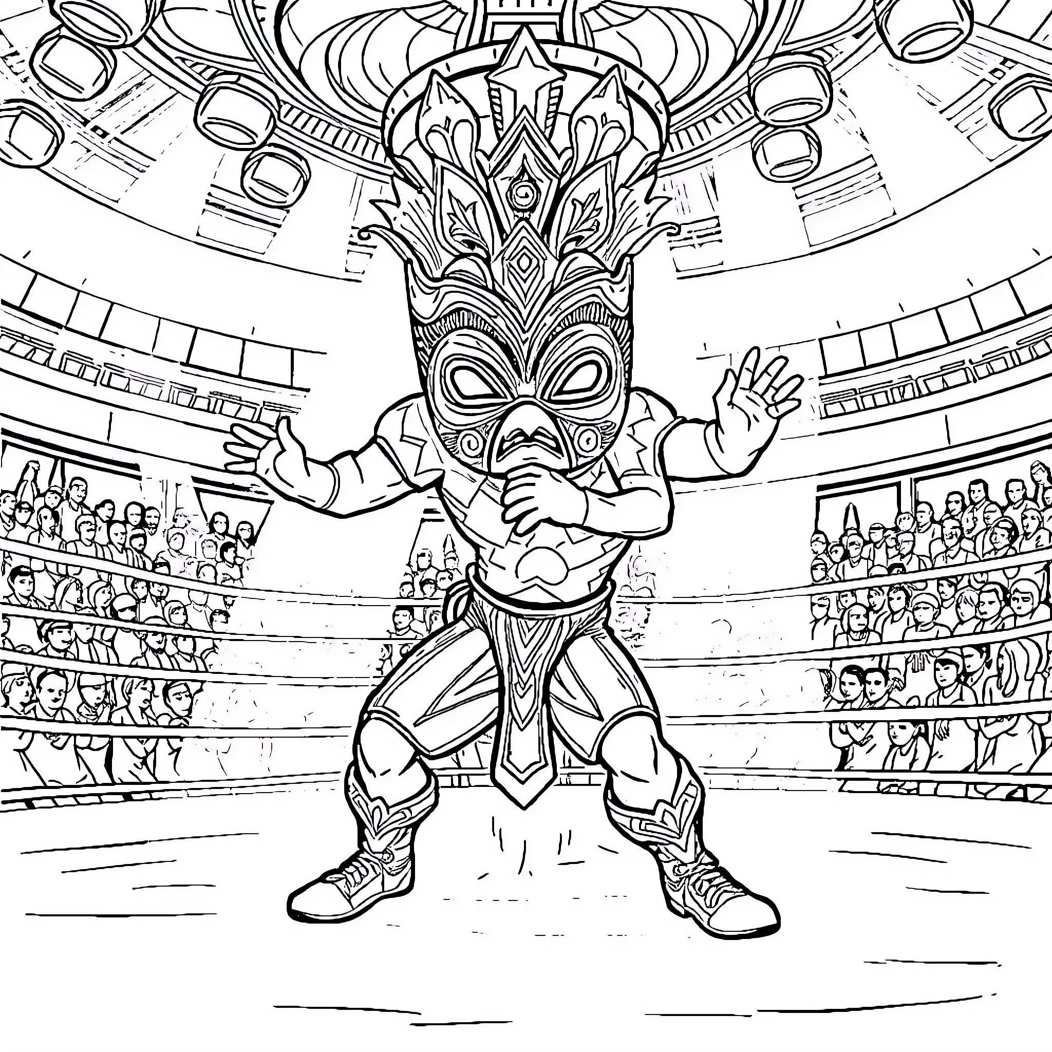 Labubu performing in an elaborate costume on stage Coloring Page (free black-and-white line drawing printable PDF for all, from beginners to advanced learners, including children, teens, adults, and seniors)