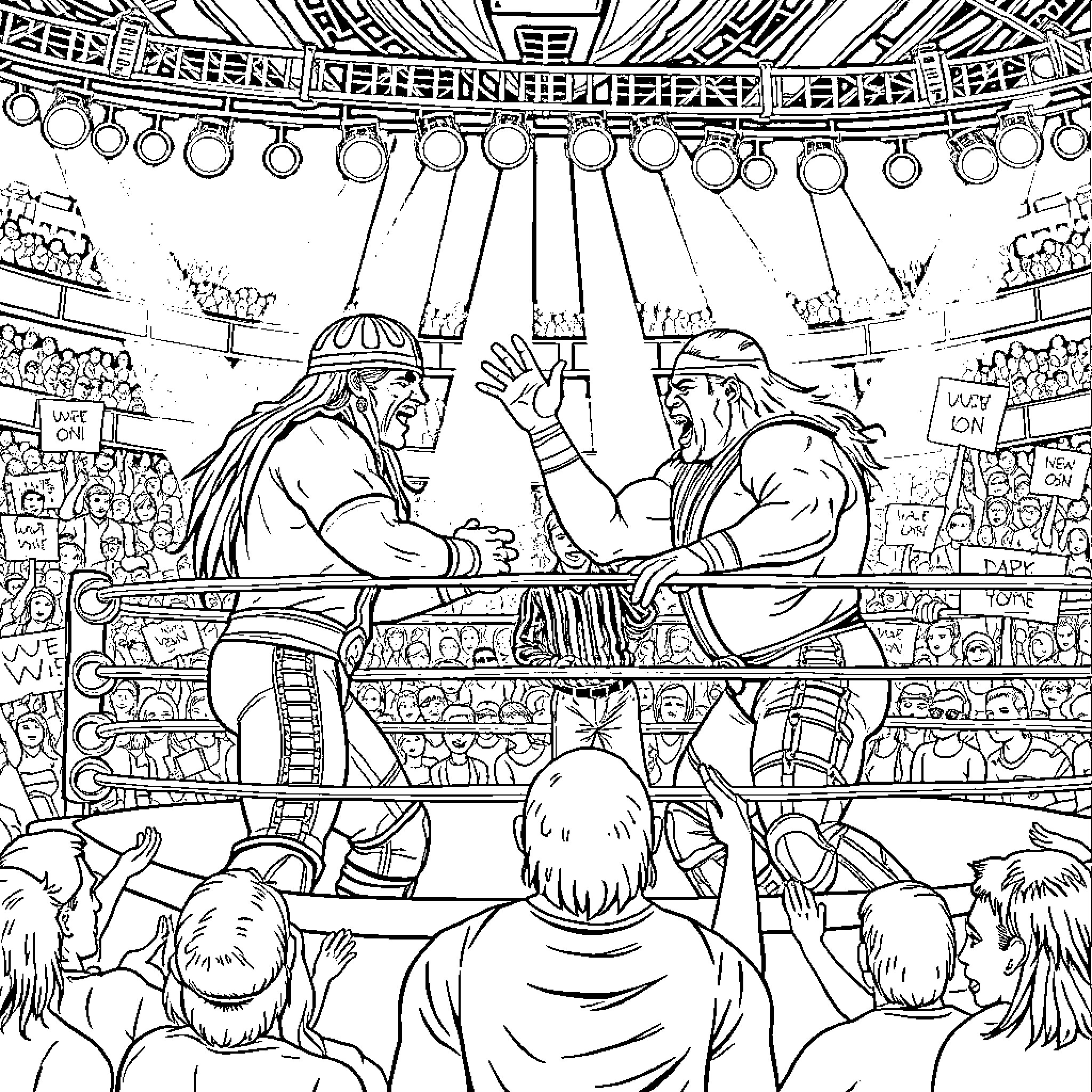 Wrestler Showdown in Front of Cheering Crowd Coloring Page (free black-and-white line drawing printable PDF for all, from beginners to advanced learners, including children, teens, adults, and seniors)