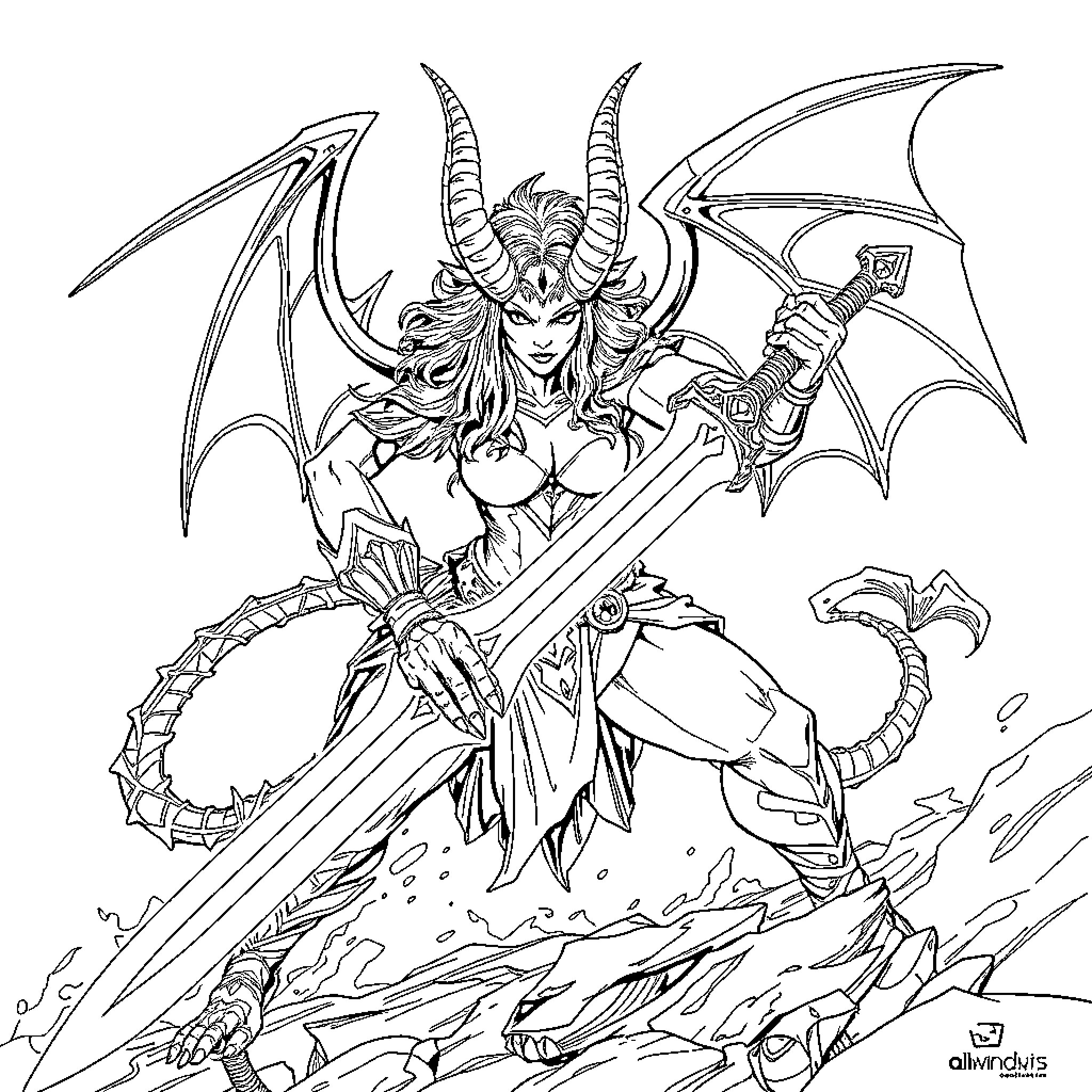 Demon Warrior Wielding Sword and Axe in Battle Coloring Page (free black-and-white line drawing printable PDF for all, from beginners to advanced learners, including children, teens, adults, and seniors)