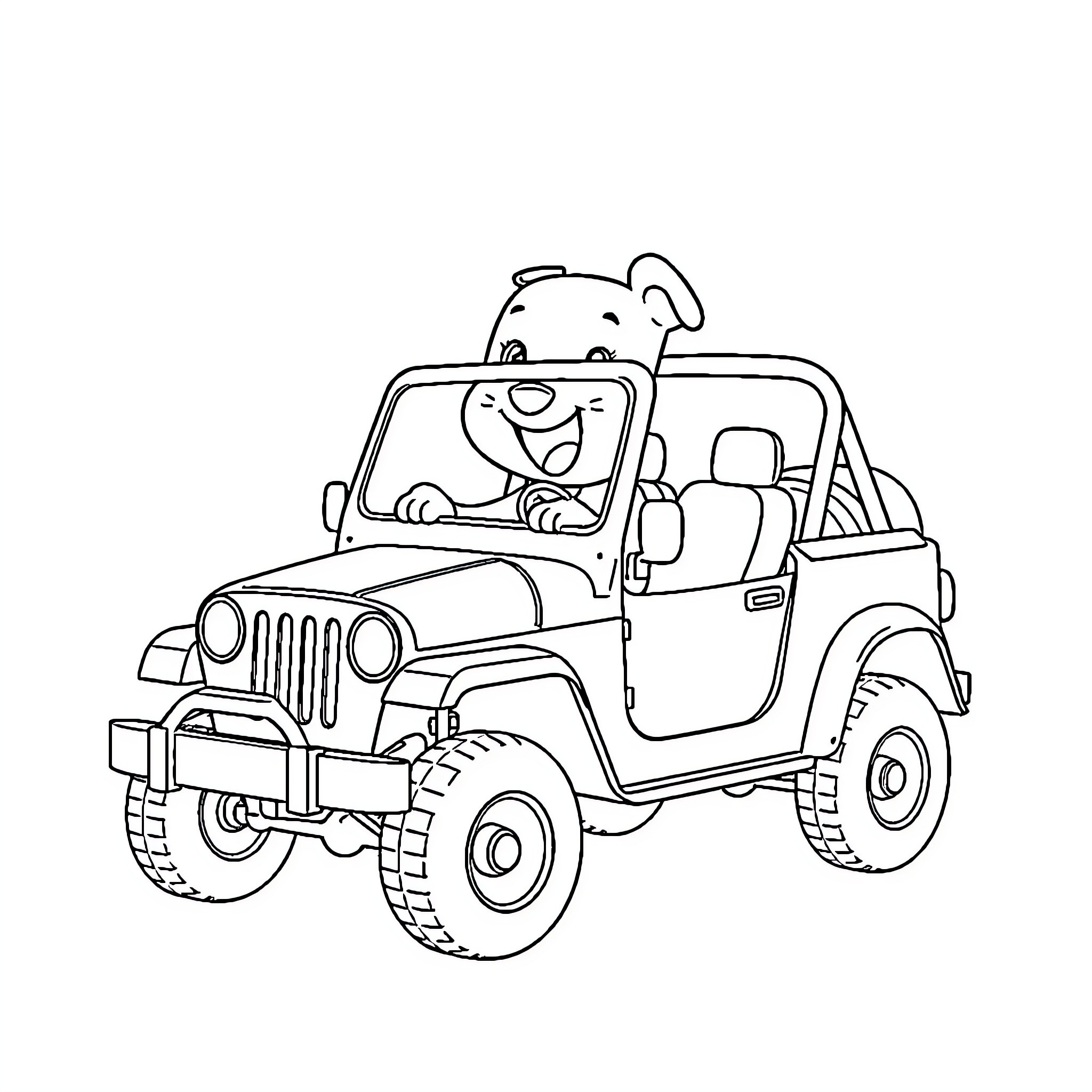Bluey driving a fun off-road vehicle Coloring Page (free black-and-white line drawing printable PDF for all, from beginners to advanced learners, including children, teens, adults, and seniors)