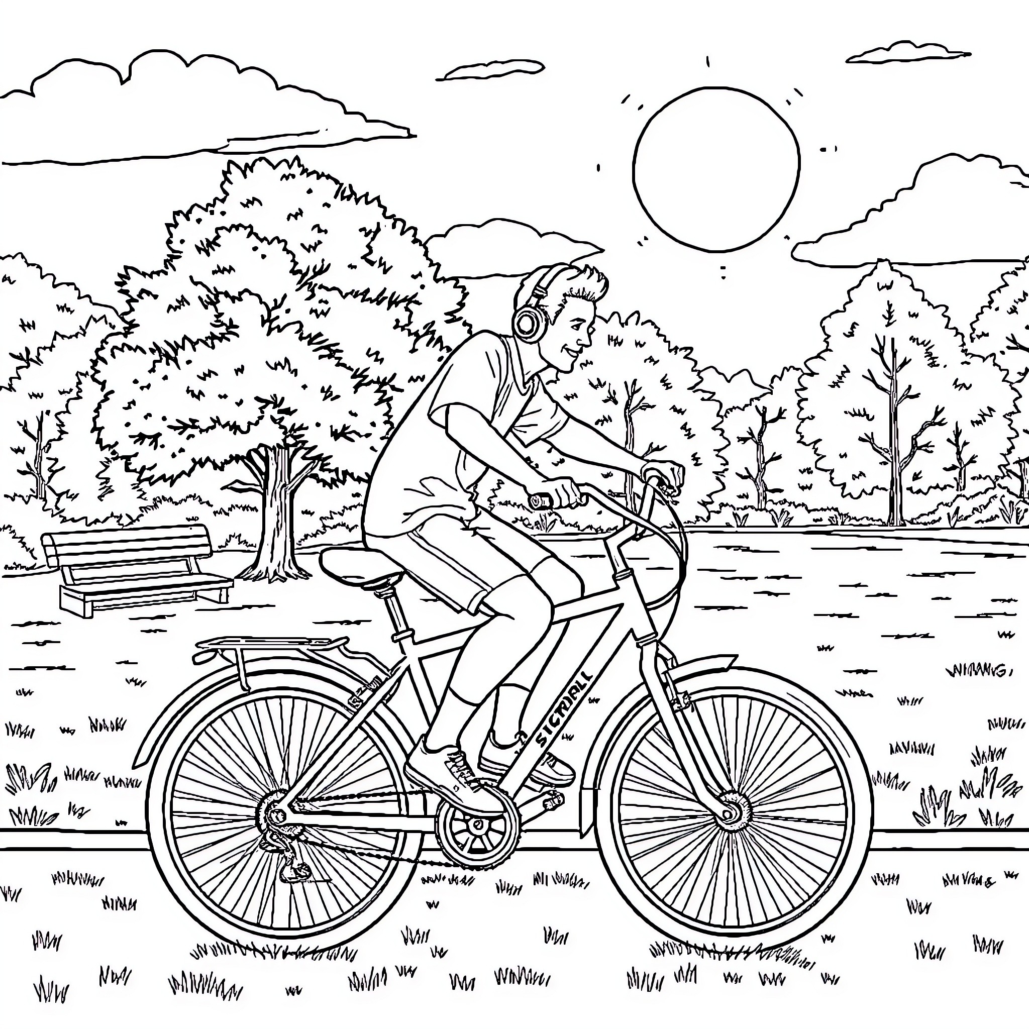 Soccer Player Riding Bicycle in Park Landscape Coloring Page (free black-and-white line drawing printable PDF for all, from beginners to advanced learners, including children, teens, adults, and seniors)