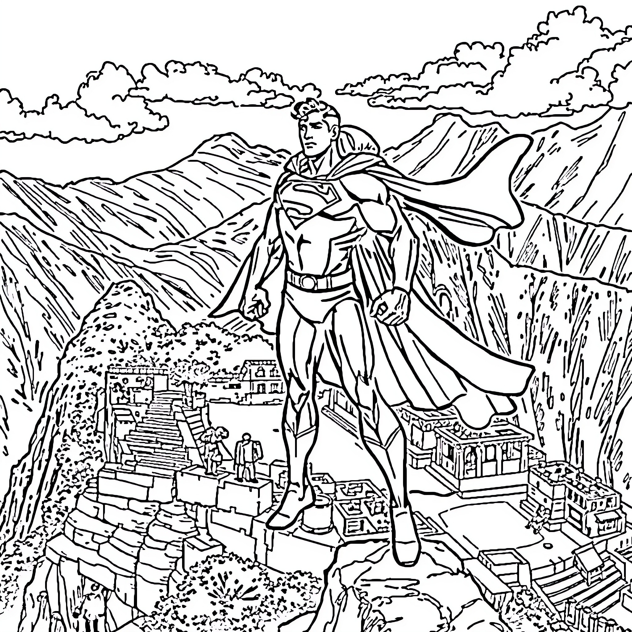 Superman's heroic stance above the city landscape Coloring Page (free black-and-white line drawing printable PDF for all, from beginners to advanced learners, including children, teens, adults, and seniors)