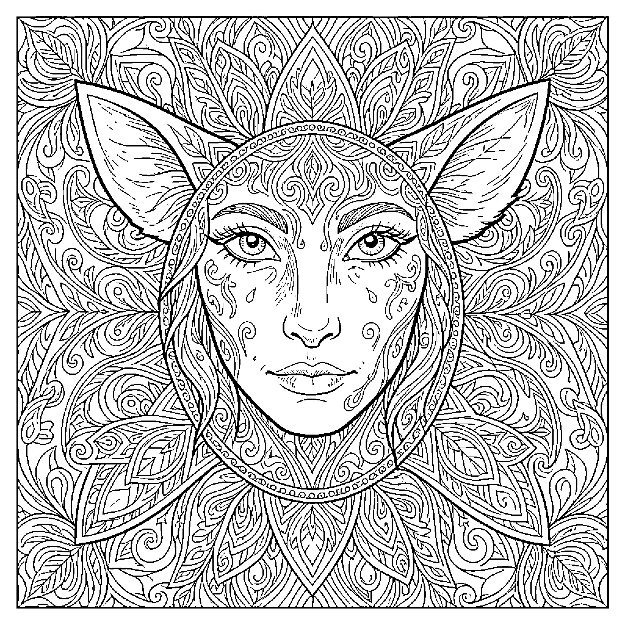 Masterpiece of a mystical woman with intricate patterns Coloring Page (free black-and-white line drawing printable PDF for all, from beginners to advanced learners, including children, teens, adults, and seniors)