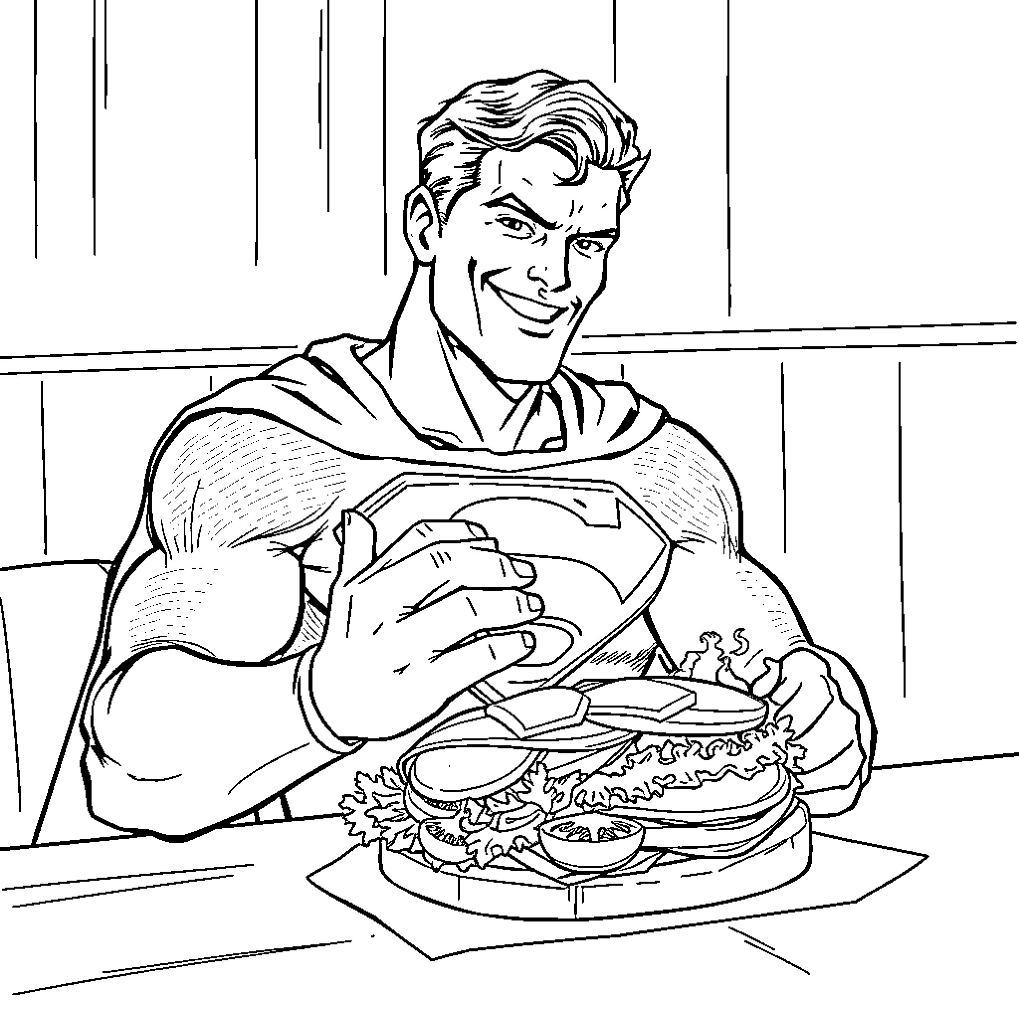 Superman enjoying a delicious burger Coloring Page (free black-and-white line drawing printable PDF for all, from beginners to advanced learners, including children, teens, adults, and seniors)