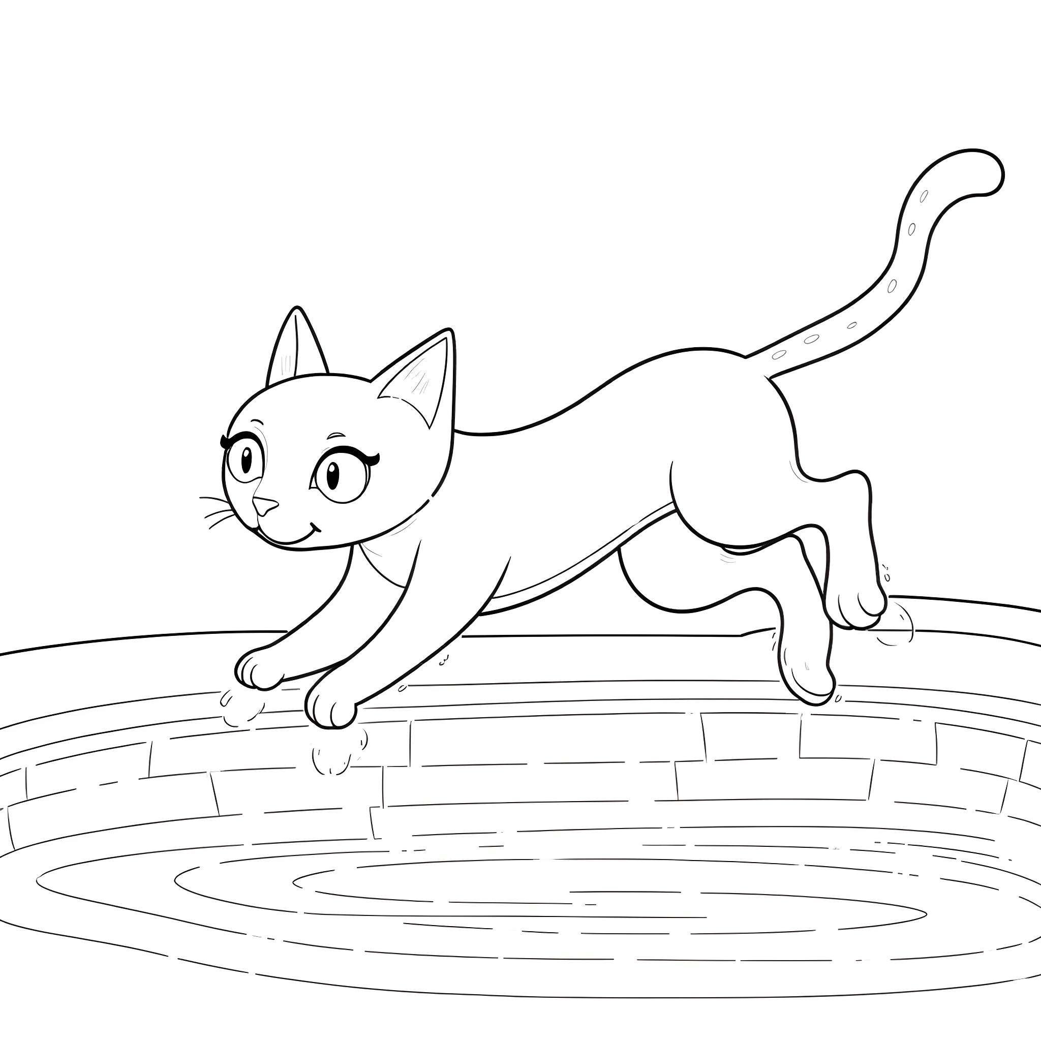 Cat walking on a bridge over water Coloring Page (free black-and-white line drawing printable PDF for all, from beginners to advanced learners, including children, teens, adults, and seniors)