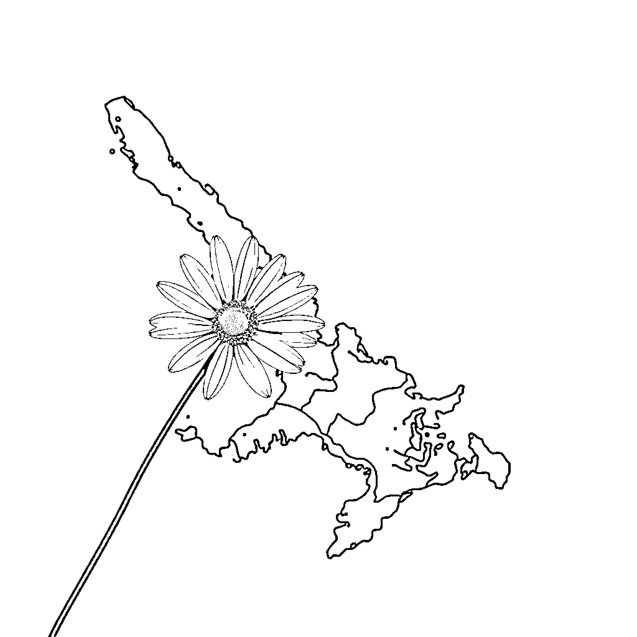 Daisy flourishing with a worldly backdrop Coloring Page (free black-and-white line drawing printable PDF for all, from beginners to advanced learners, including children, teens, adults, and seniors)