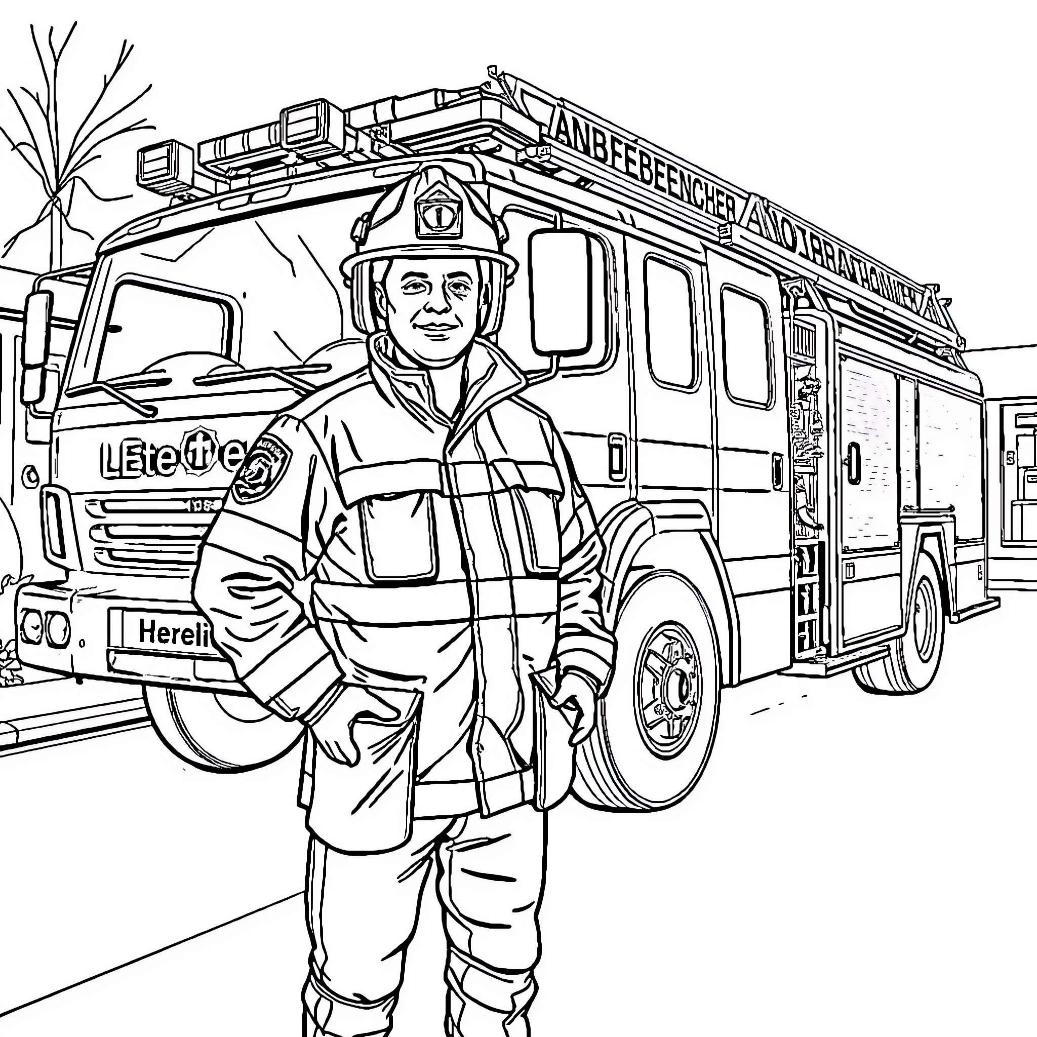 Firefighter preparing to respond to an emergency Coloring Page (free black-and-white line drawing printable PDF for all, from beginners to advanced learners, including children, teens, adults, and seniors)