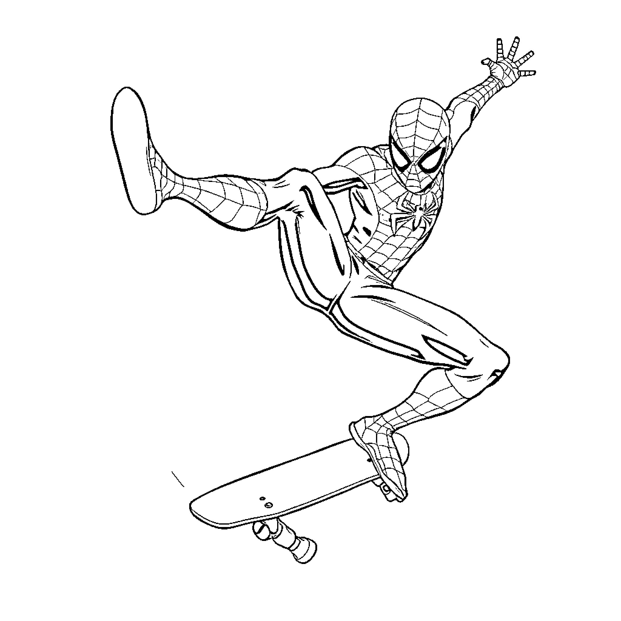 Spiderman swinging on a skateboard in action Coloring Page (free black-and-white line drawing printable PDF for all, from beginners to advanced learners, including children, teens, adults, and seniors)