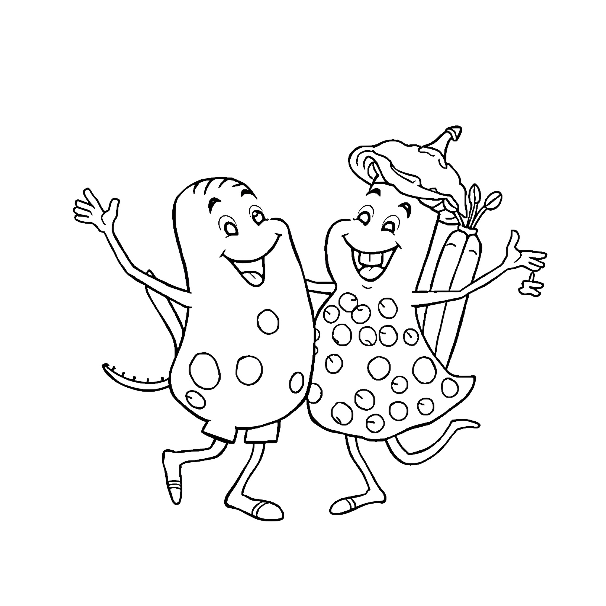 Food characters celebrating together Coloring Page (free black-and-white line drawing printable PDF for all, from beginners to advanced learners, including children, teens, adults, and seniors)