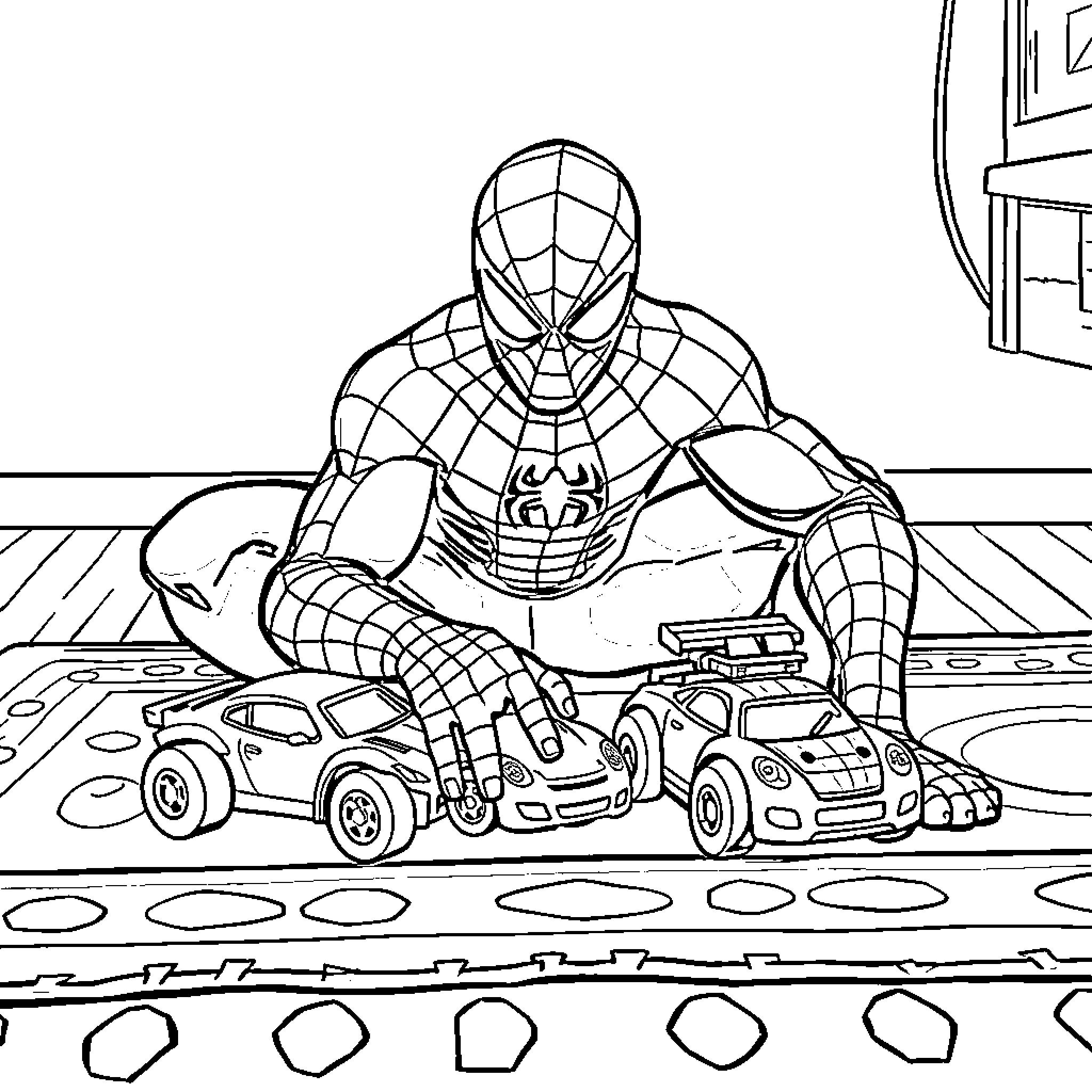 Spiderman playing with toy cars in the city Coloring Page (free black-and-white line drawing printable PDF for all, from beginners to advanced learners, including children, teens, adults, and seniors)
