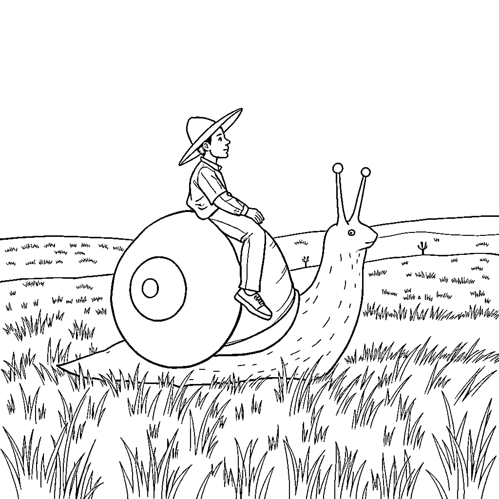 Man riding a snail through the countryside Coloring Page (free black-and-white line drawing printable PDF for all, from beginners to advanced learners, including children, teens, adults, and seniors)
