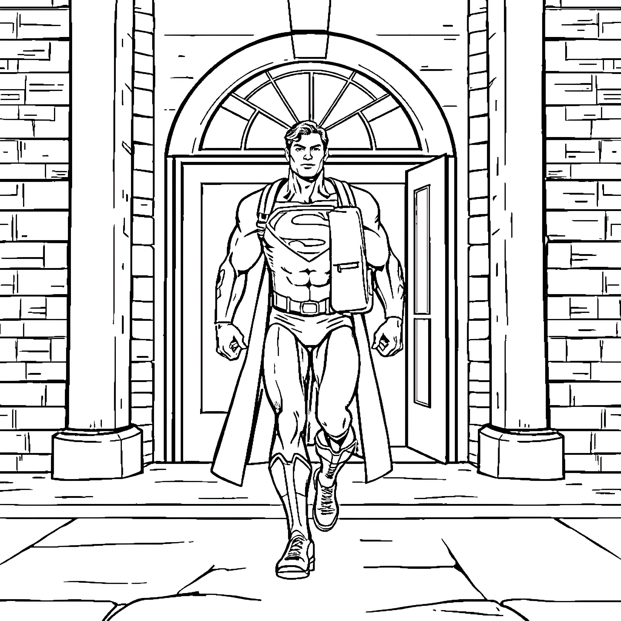 Superman stands heroically in a grand doorway Coloring Page (free black-and-white line drawing printable PDF for all, from beginners to advanced learners, including children, teens, adults, and seniors)