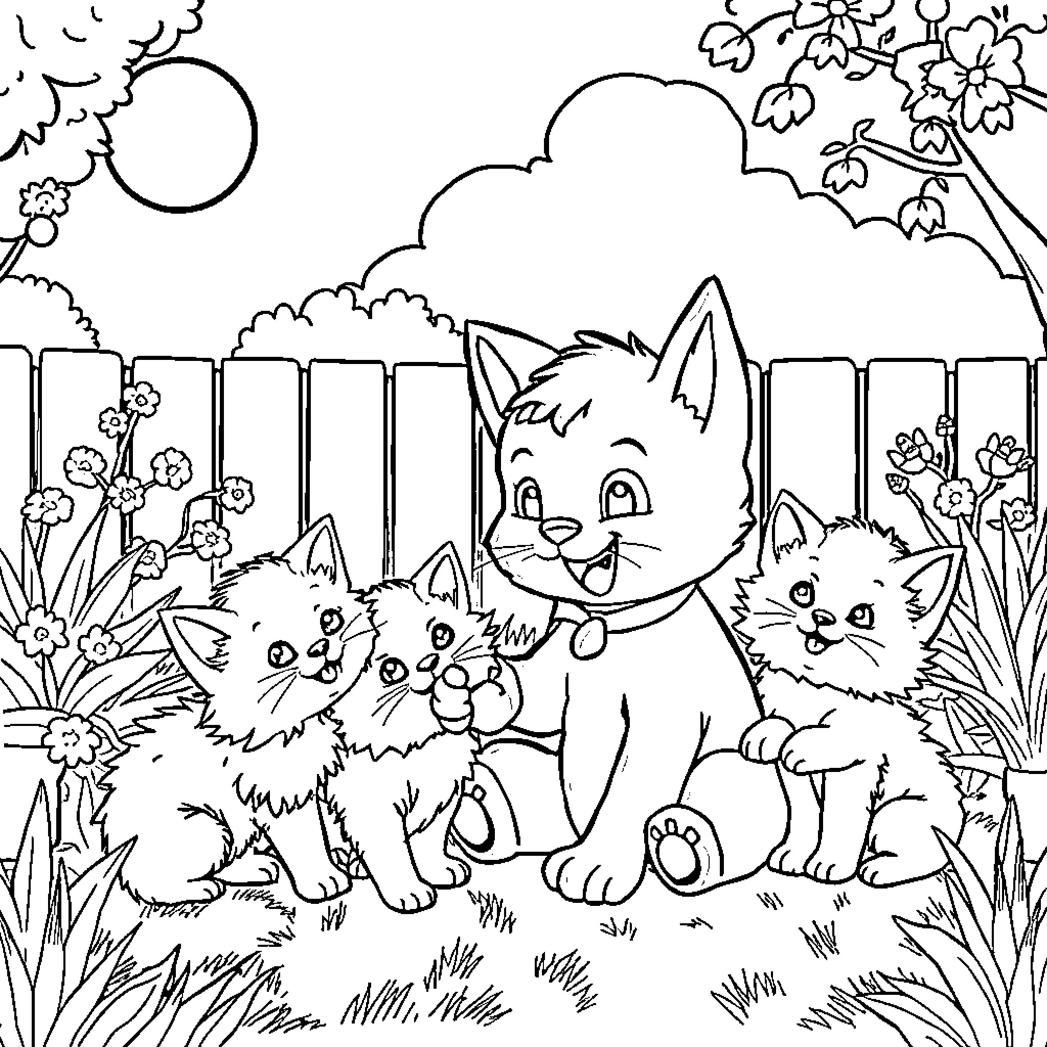 Bluey and her adorable kittens in the garden Coloring Page (free black-and-white line drawing printable PDF for all, from beginners to advanced learners, including children, teens, adults, and seniors)