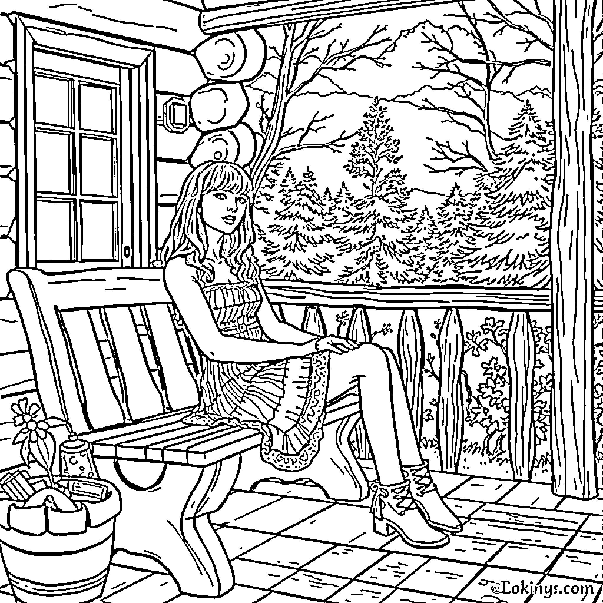 Taylor Swift enjoying the view from a cozy cabin in the woods Coloring Page (free black-and-white line drawing printable PDF for all, from beginners to advanced learners, including children, teens, adults, and seniors)