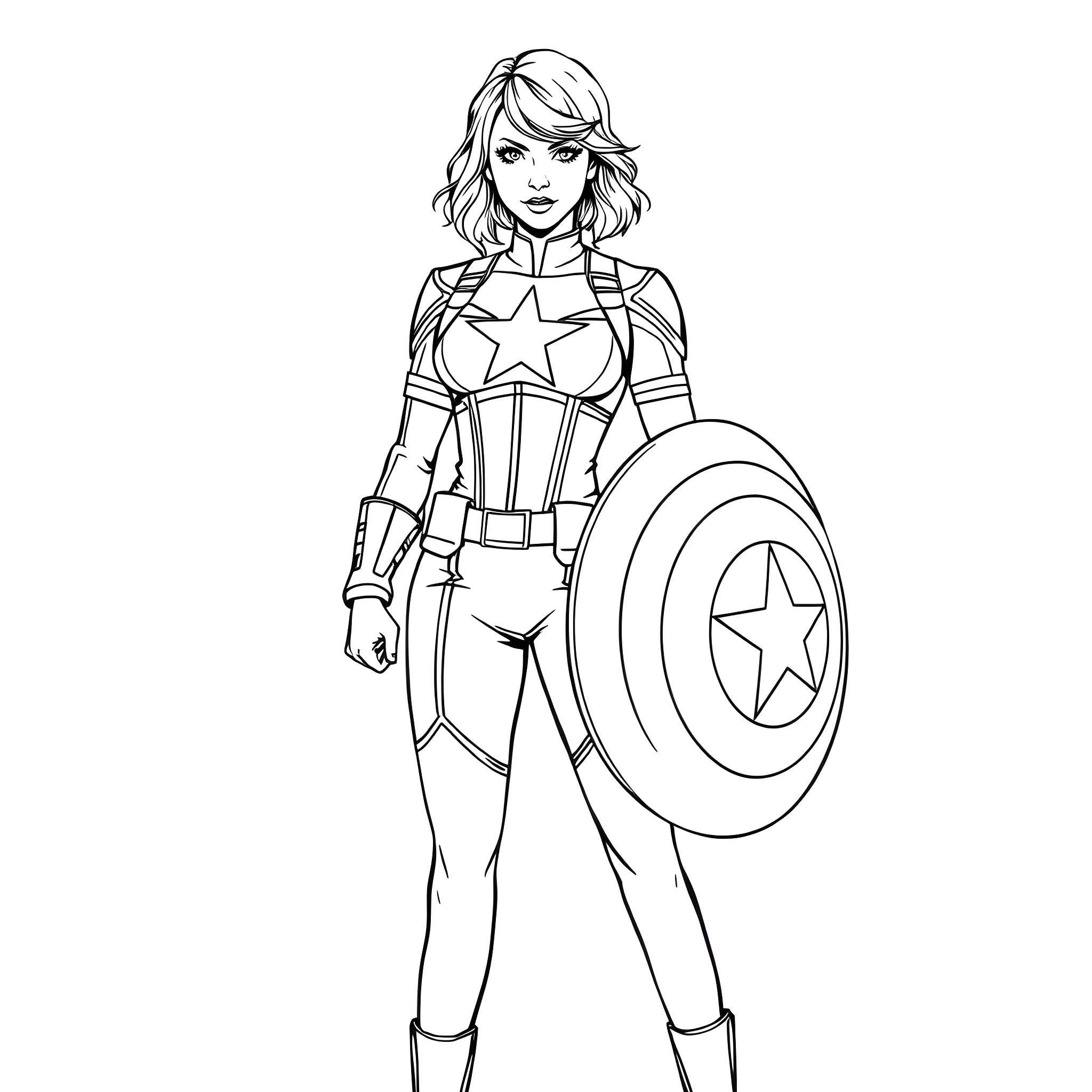 Taylor Swift as Captain America Superhero in Action Pose Coloring Page (free black-and-white line drawing printable PDF for all, from beginners to advanced learners, including children, teens, adults, and seniors)