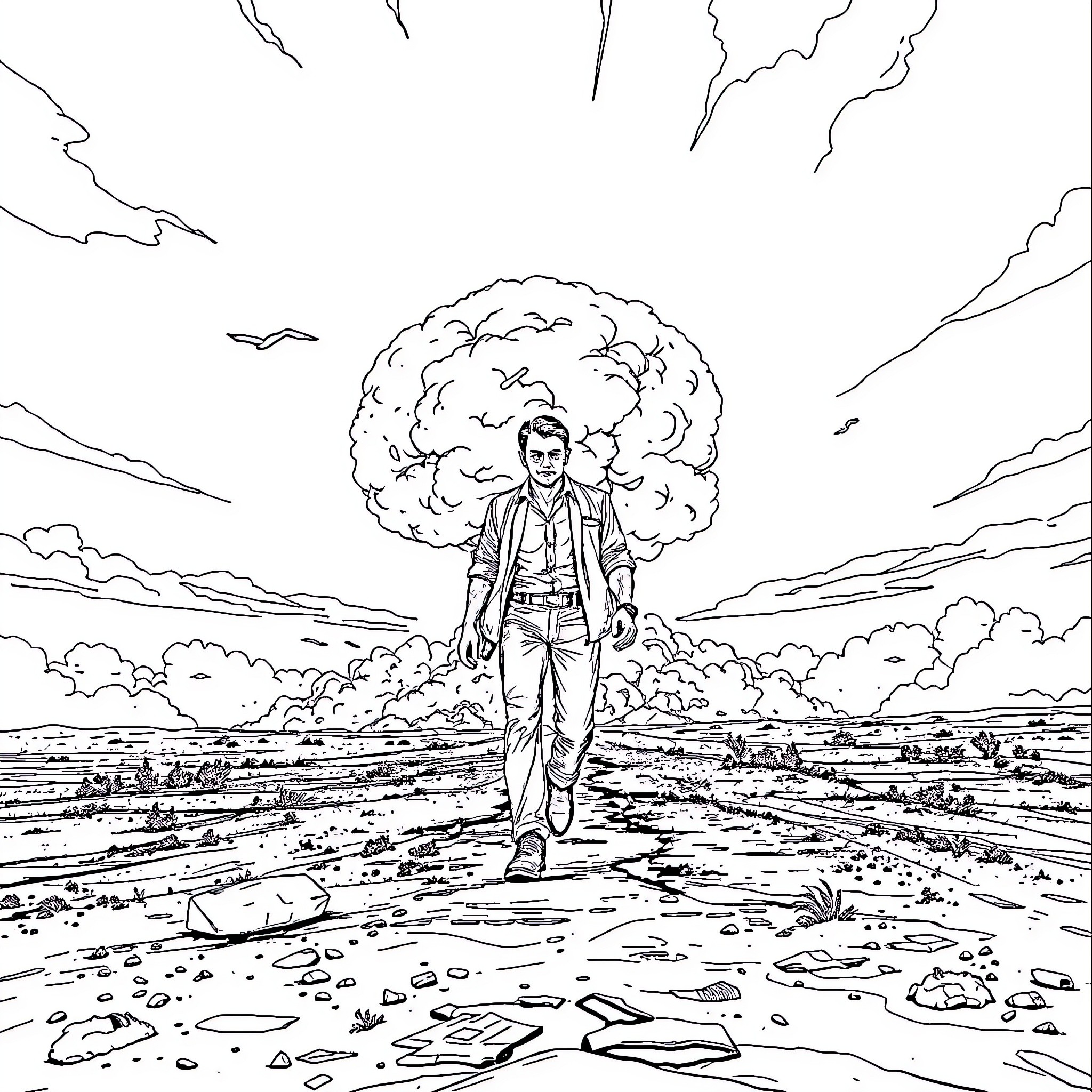 Man walking through a post-apocalyptic landscape Coloring Page (free black-and-white line drawing printable PDF for all, from beginners to advanced learners, including children, teens, adults, and seniors)
