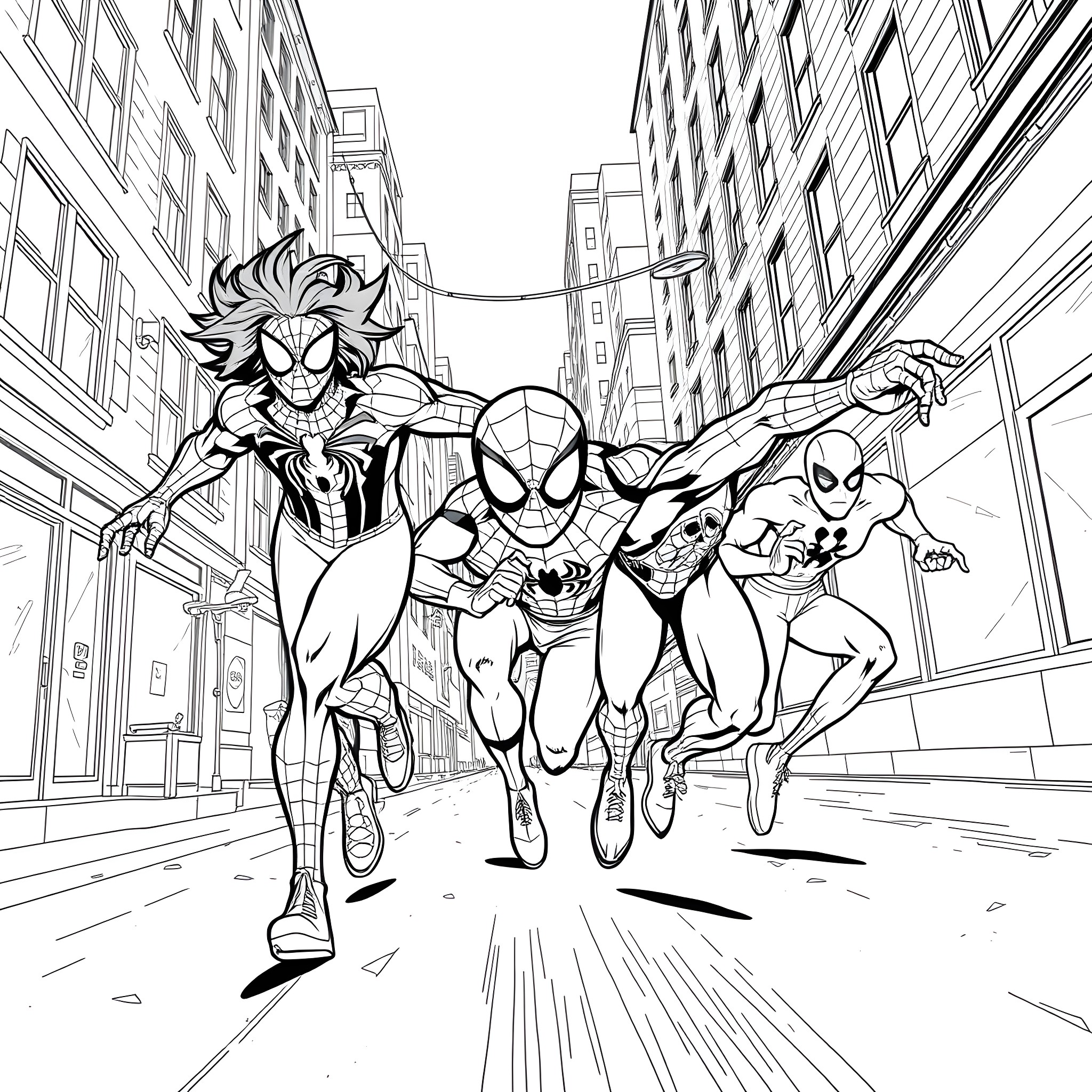 Spider-Heroes swinging through the city Coloring Page (free black-and-white line drawing printable PDF for all, from beginners to advanced learners, including children, teens, adults, and seniors)