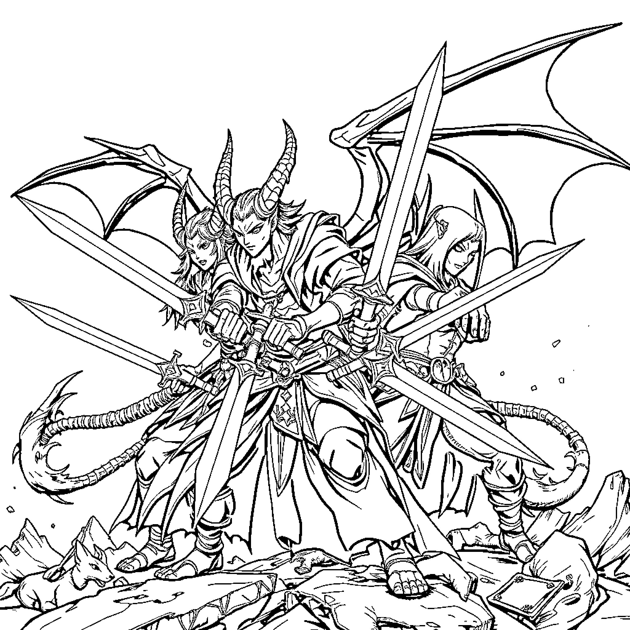 Daemon Warrior's Fierce Conquest Coloring Page (free black-and-white line drawing printable PDF for all, from beginners to advanced learners, including children, teens, adults, and seniors)