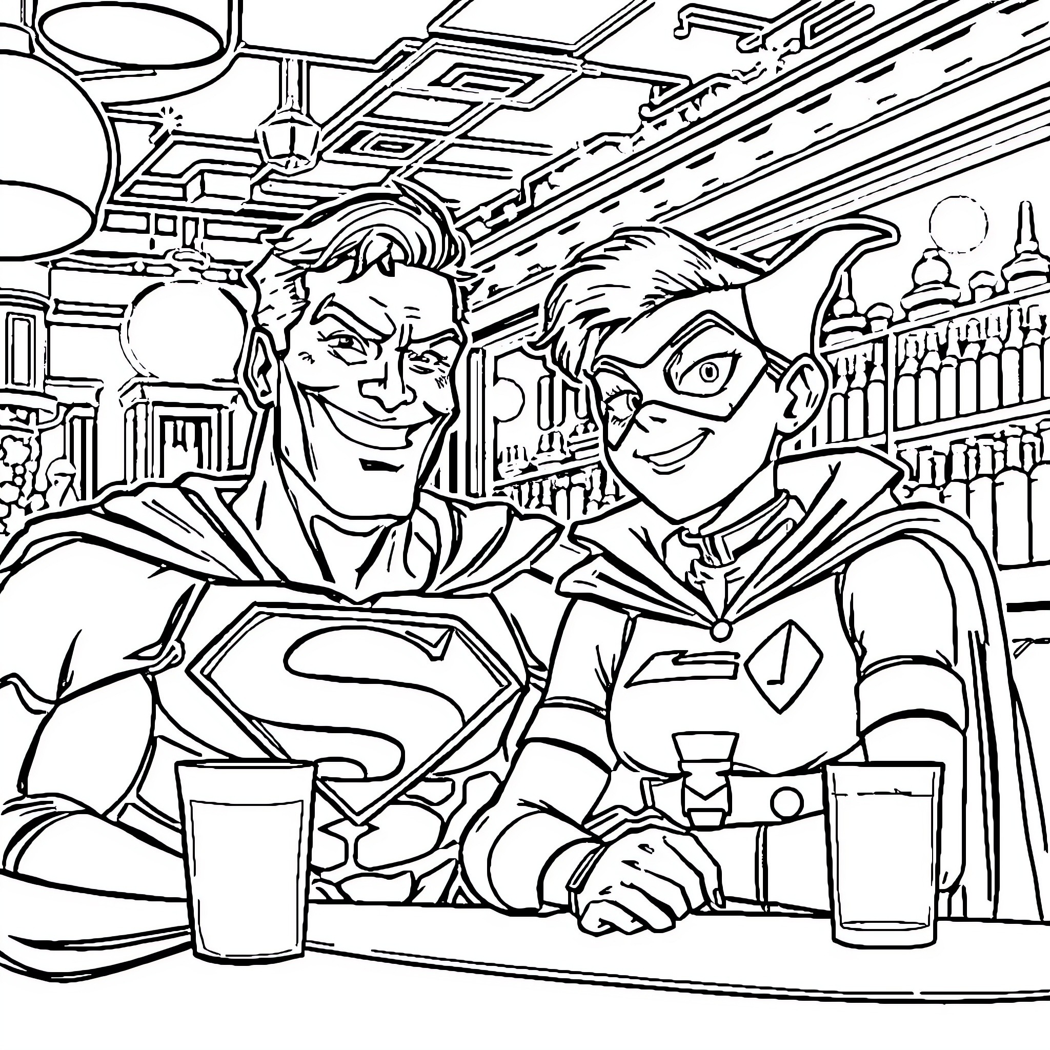 Superman and Robin Enjoying a Drink Together Coloring Page (free black-and-white line drawing printable PDF for all, from beginners to advanced learners, including children, teens, adults, and seniors)
