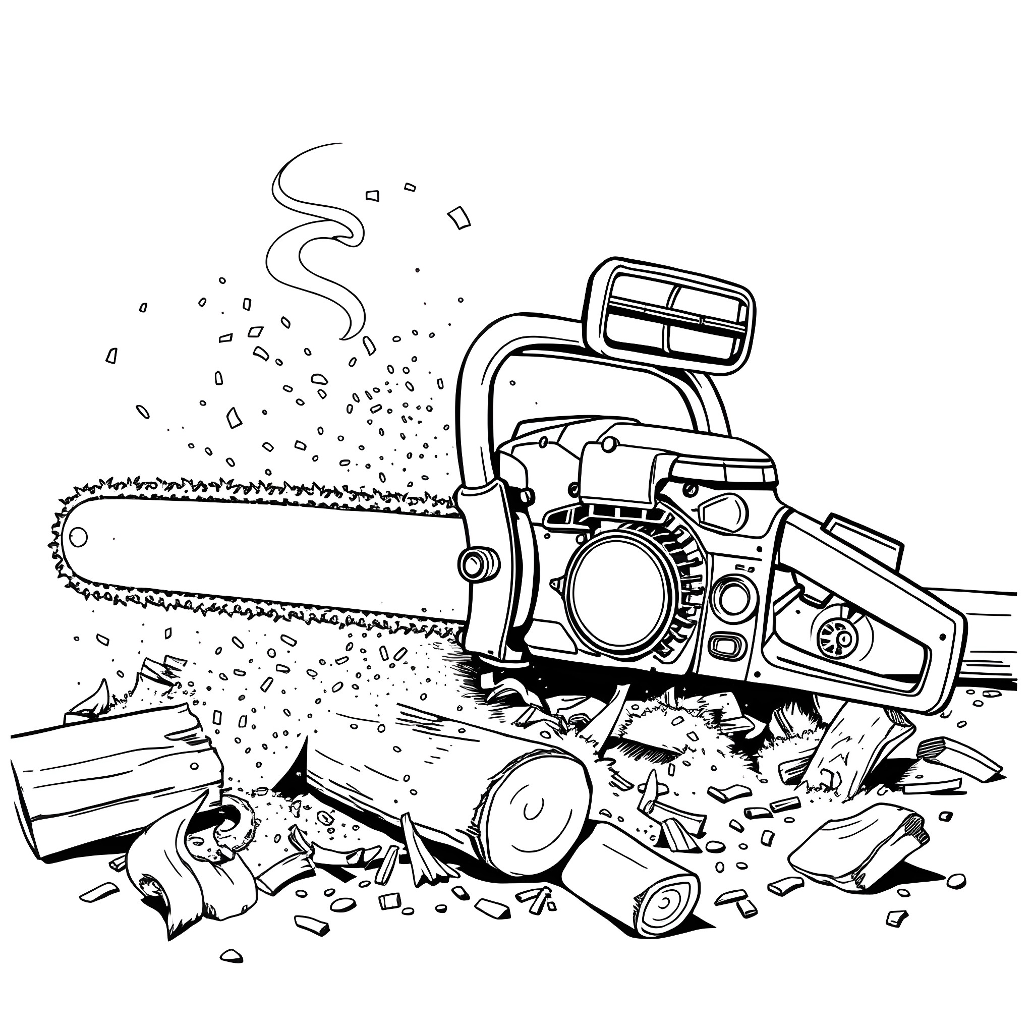 Chain Saw Used in Destruction and Chaos Coloring Page (free black-and-white line drawing printable PDF for all, from beginners to advanced learners, including children, teens, adults, and seniors)