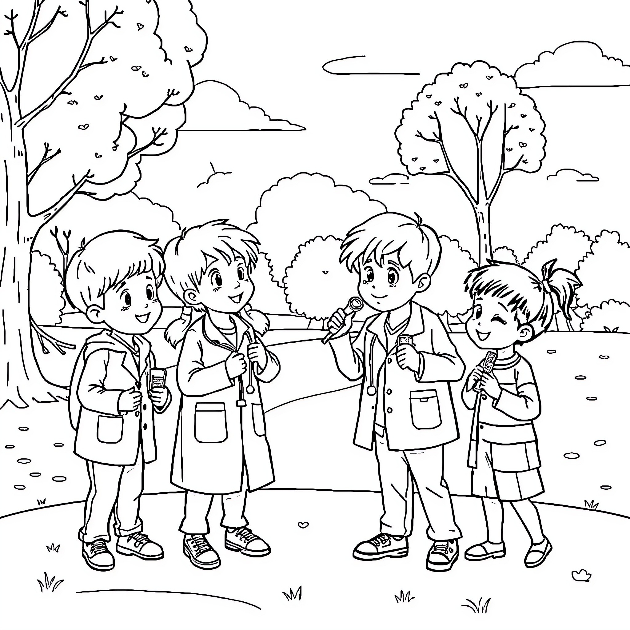 Doctor's Group Outing in Nature Coloring Page (free black-and-white line drawing printable PDF for all, from beginners to advanced learners, including children, teens, adults, and seniors)