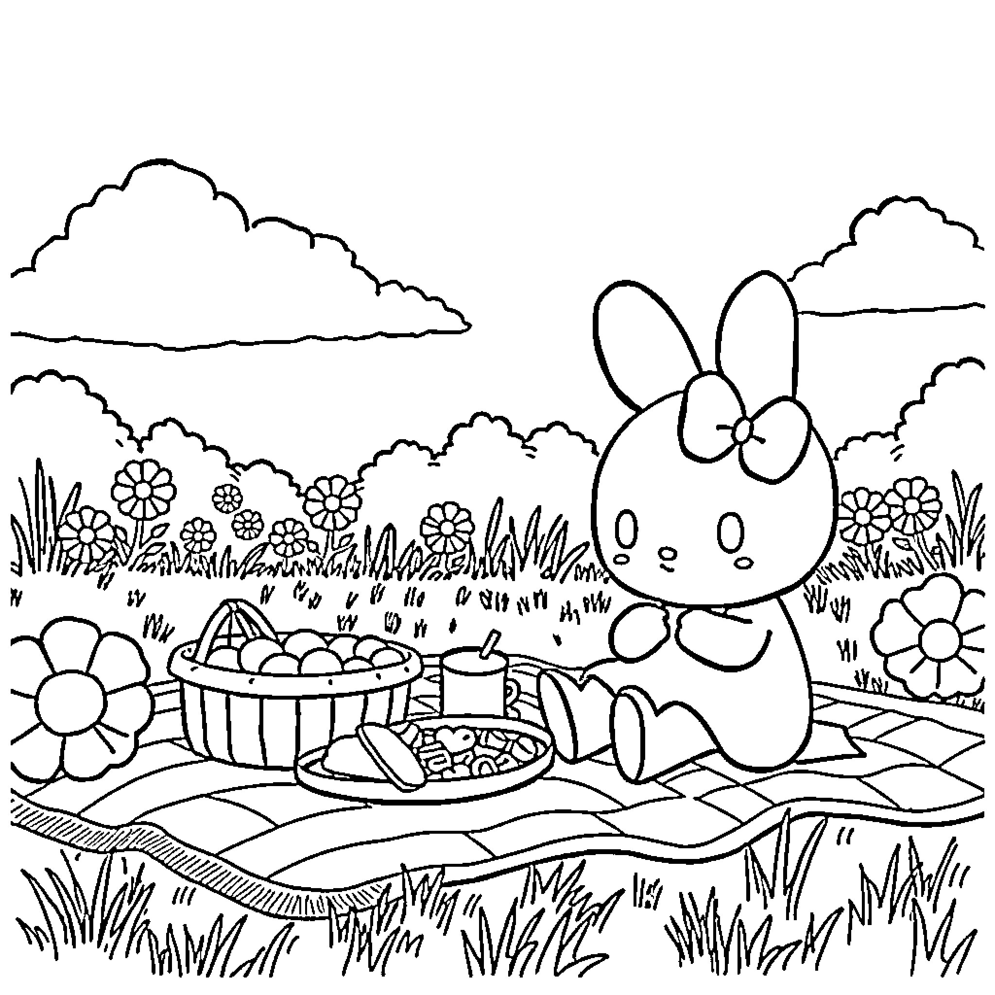 My Melody Enjoying a Picnic in the Meadow Coloring Page (free black-and-white line drawing printable PDF for all, from beginners to advanced learners, including children, teens, adults, and seniors)