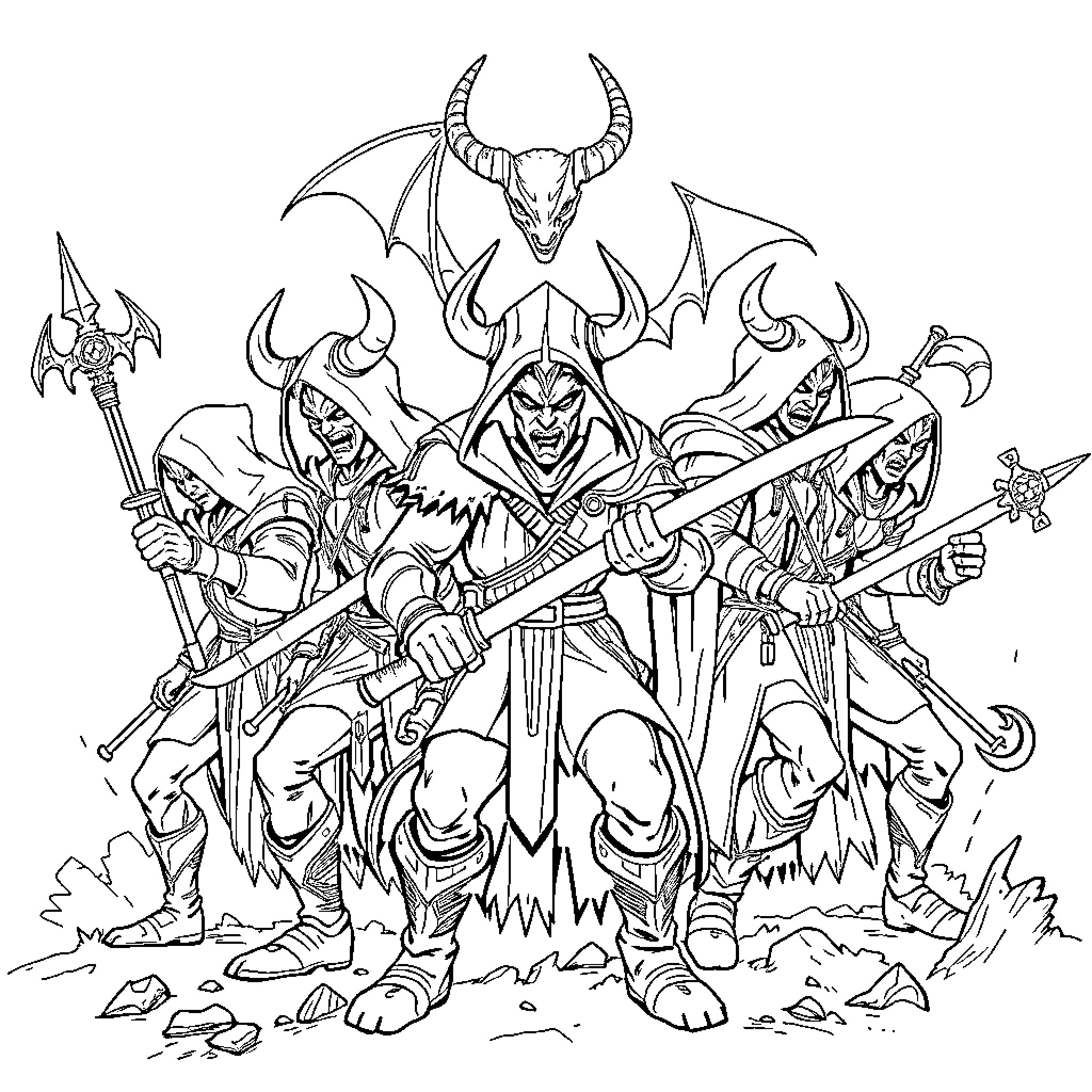 Demon Hunters in Fierce Battle Coloring Page (free black-and-white line drawing printable PDF for all, from beginners to advanced learners, including children, teens, adults, and seniors)