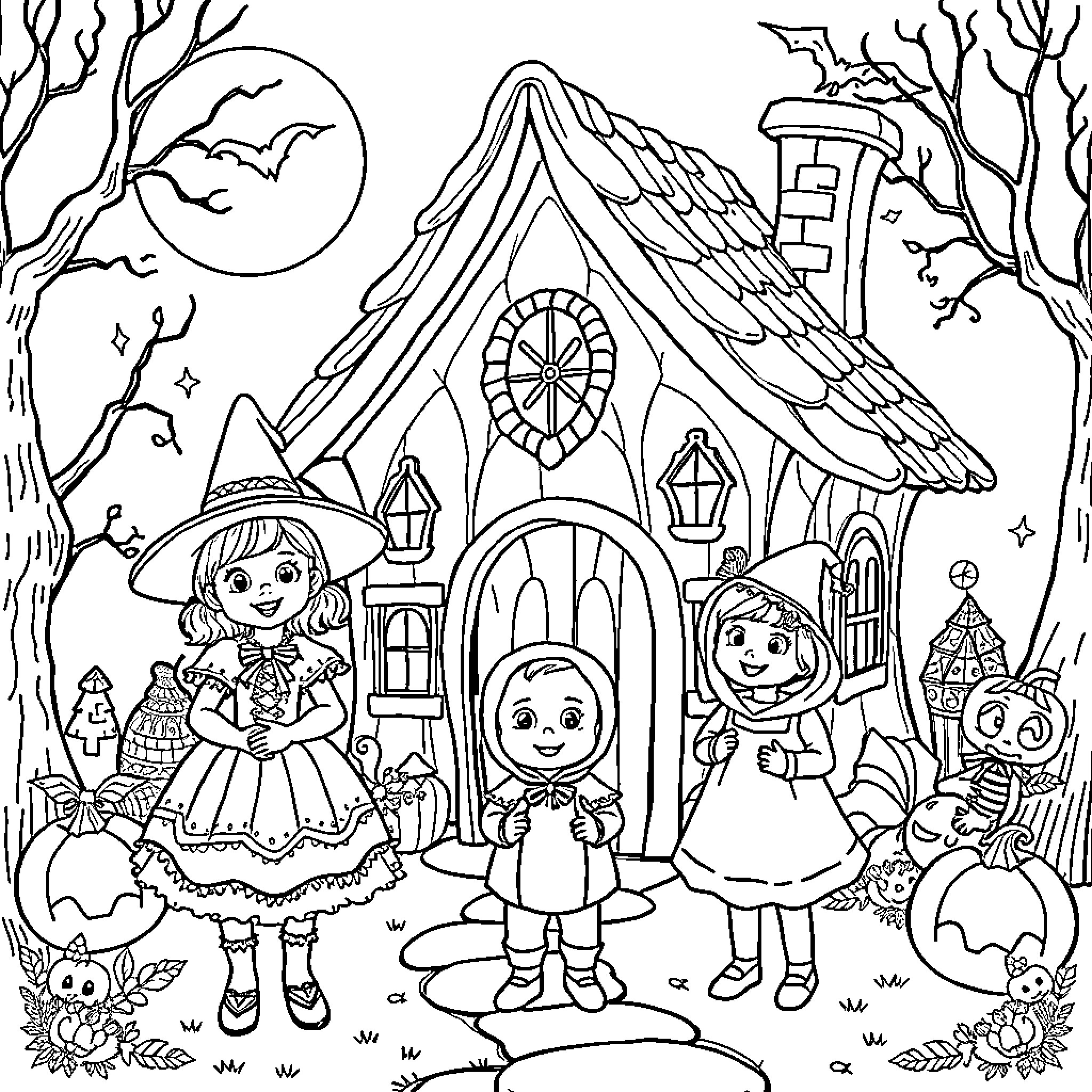 Halloween Fun at the Enchanted Cottage Coloring Page (free black-and-white line drawing printable PDF for all, from beginners to advanced learners, including children, teens, adults, and seniors)
