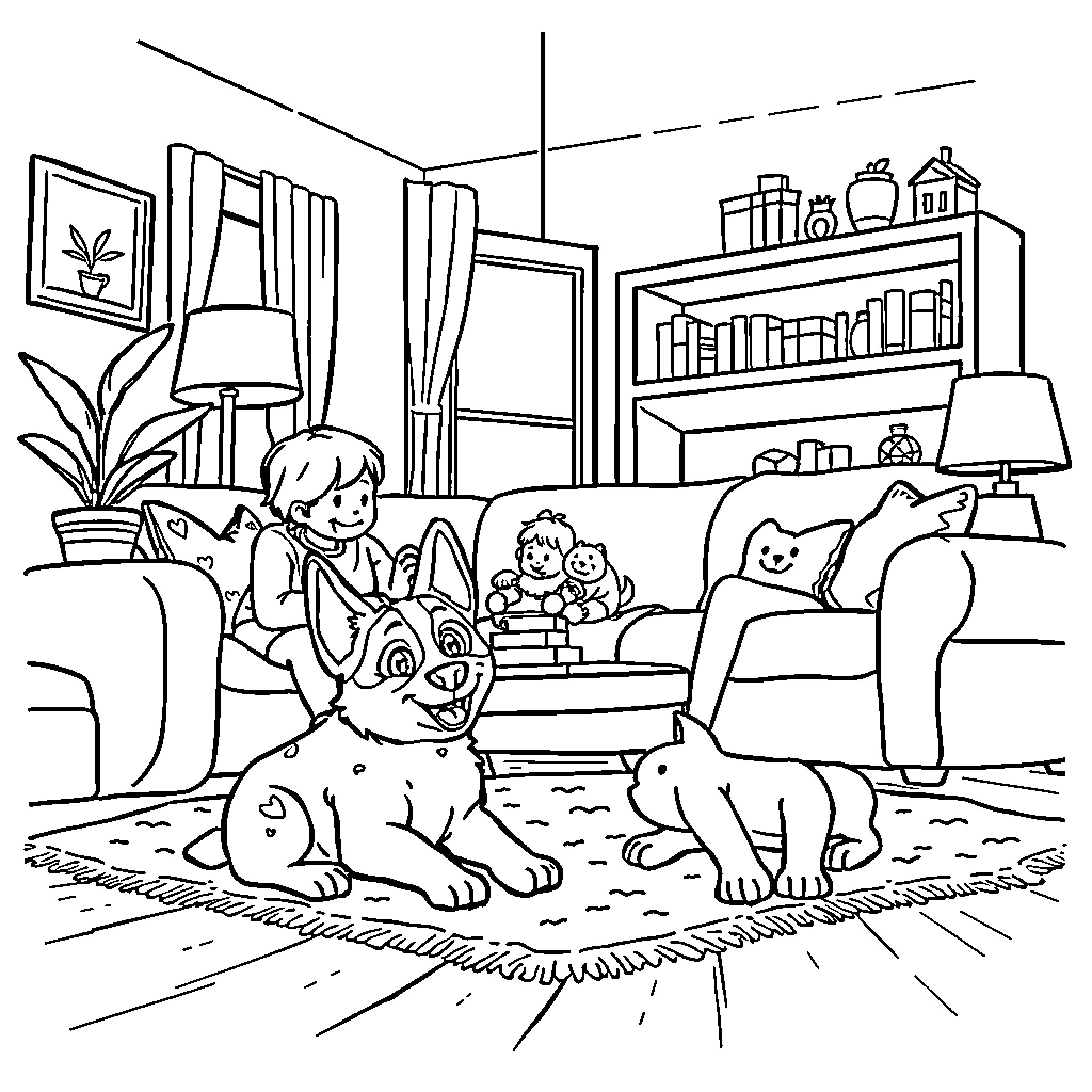 Bluey's family time at home with their pets Coloring Page (free black-and-white line drawing printable PDF for all, from beginners to advanced learners, including children, teens, adults, and seniors)