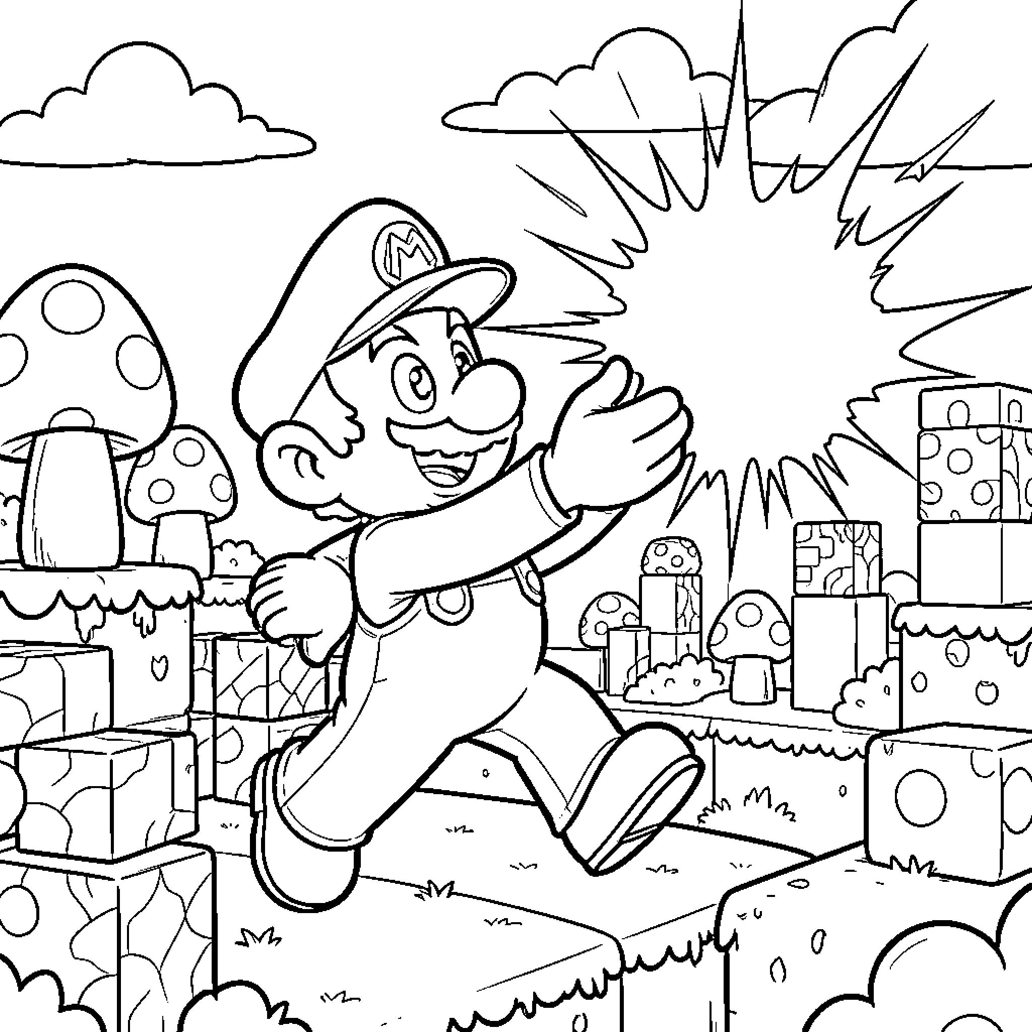 Super Mario's Whimsical Adventure Coloring Page (free black-and-white line drawing printable PDF for all, from beginners to advanced learners, including children, teens, adults, and seniors)