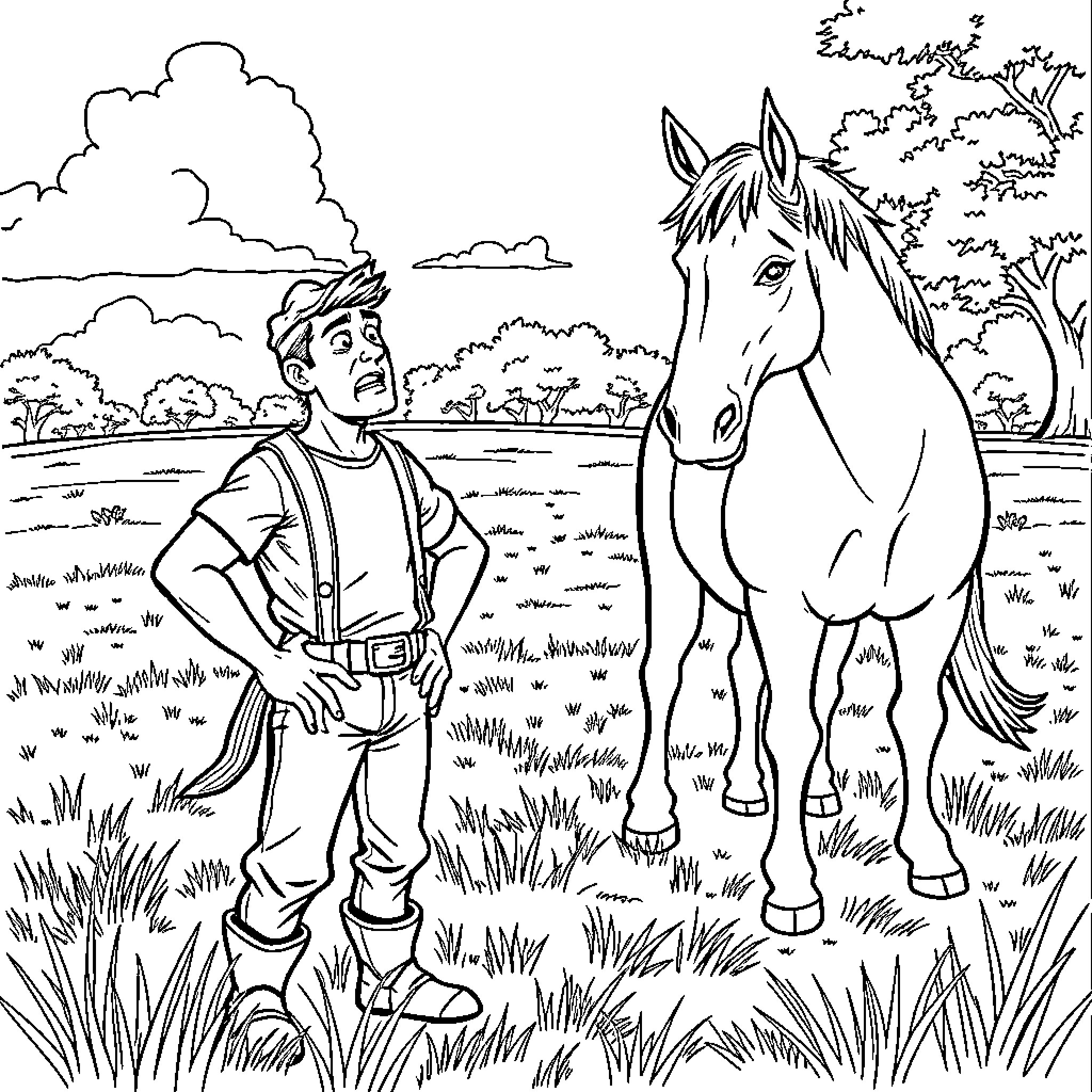 Antonio meets a majestic horse in the meadow Coloring Page (free black-and-white line drawing printable PDF for all, from beginners to advanced learners, including children, teens, adults, and seniors)