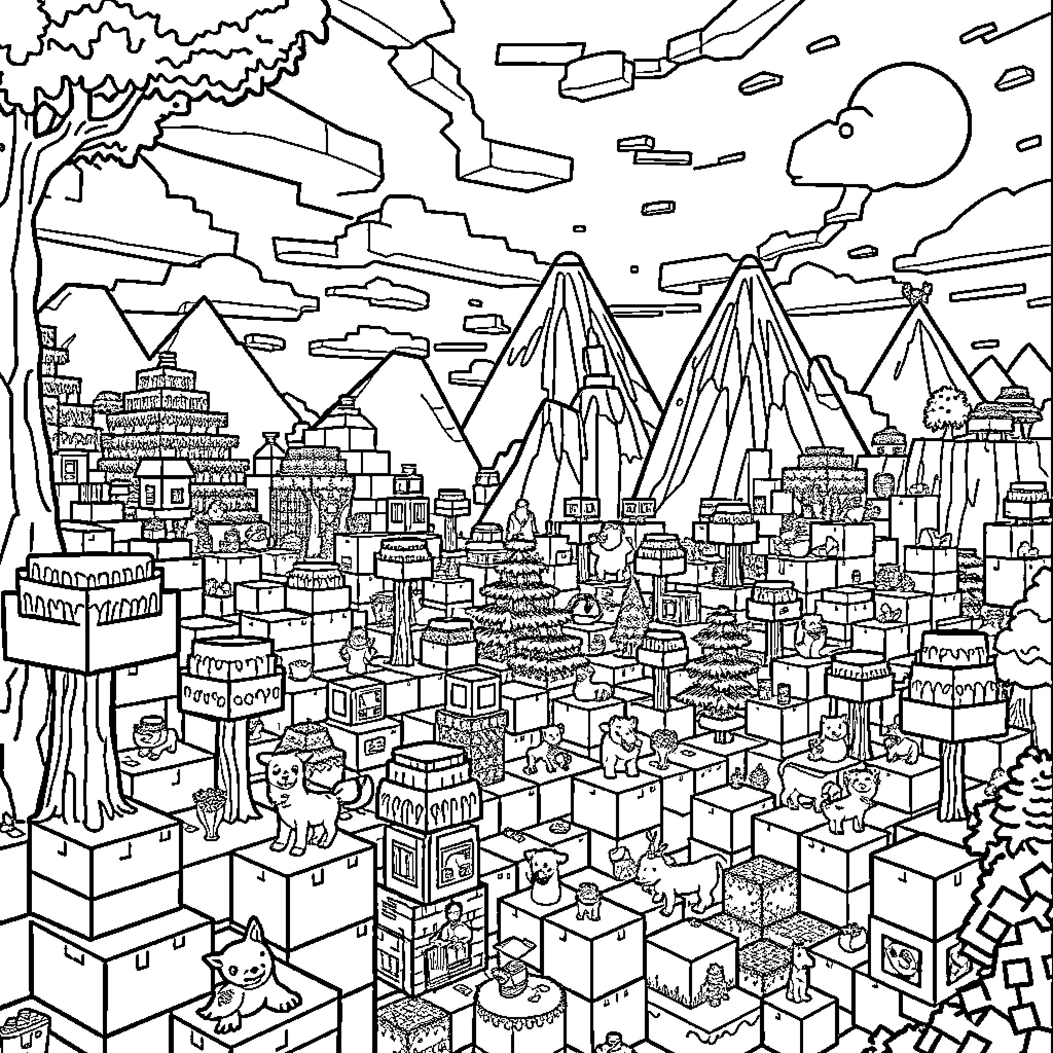 Minecraft Cityscape with Mountains and Clouds Coloring Page (free black-and-white line drawing printable PDF for all, from beginners to advanced learners, including children, teens, adults, and seniors)