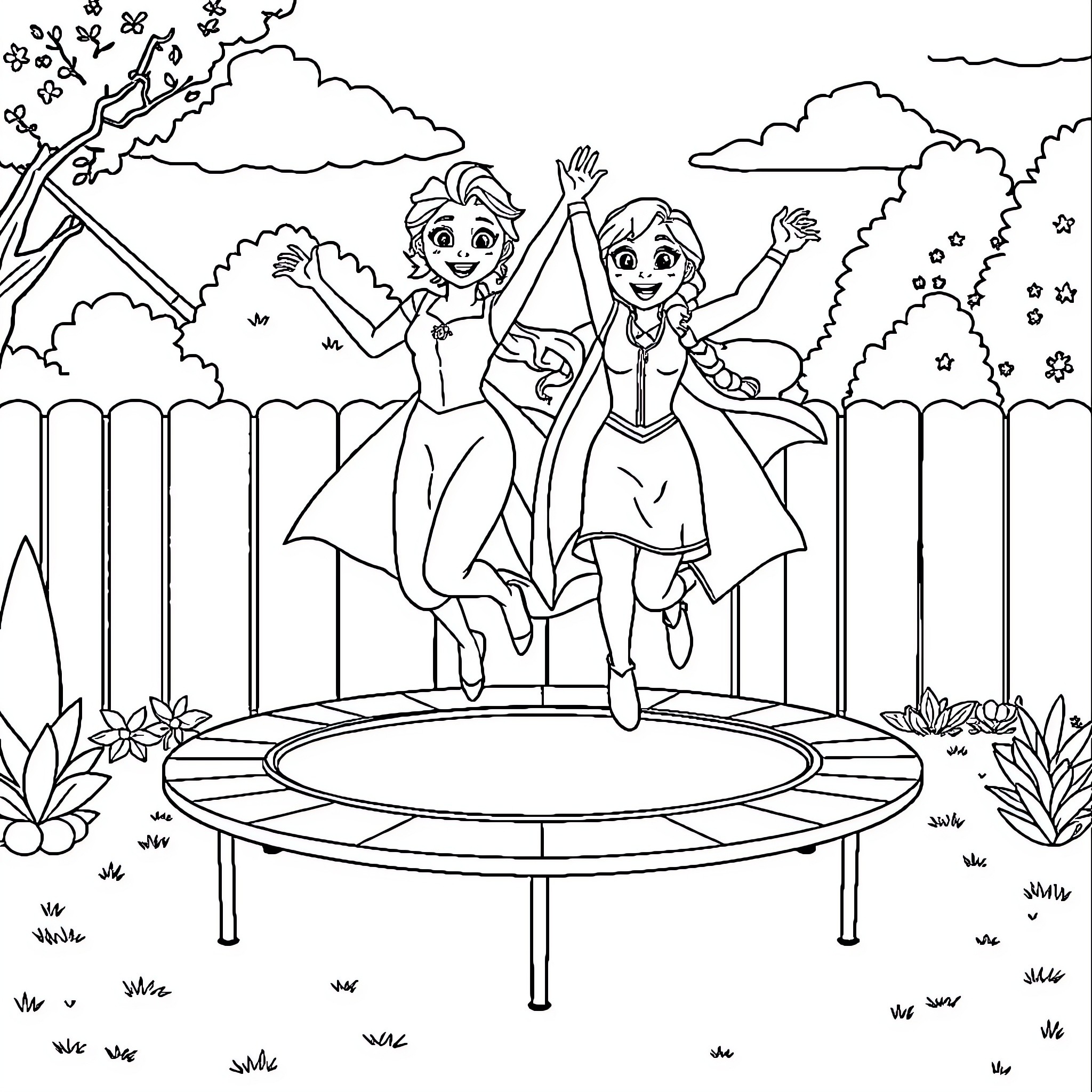 Elsa and Anna Jumping on Trampoline in the Park Coloring Page (free black-and-white line drawing printable PDF for all, from beginners to advanced learners, including children, teens, adults, and seniors)