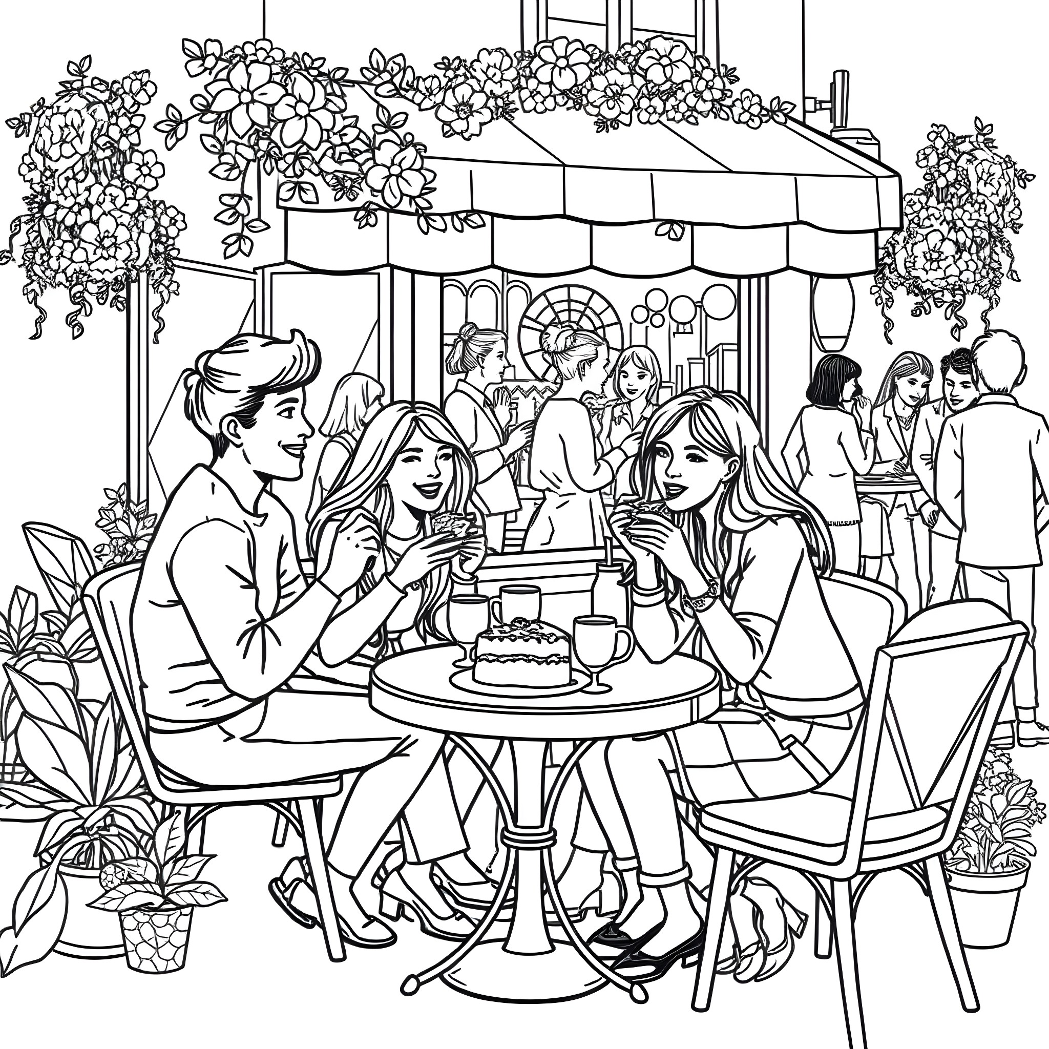 Cake celebration at outdoor cafe Coloring Page (free black-and-white line drawing printable PDF for all, from beginners to advanced learners, including children, teens, adults, and seniors)