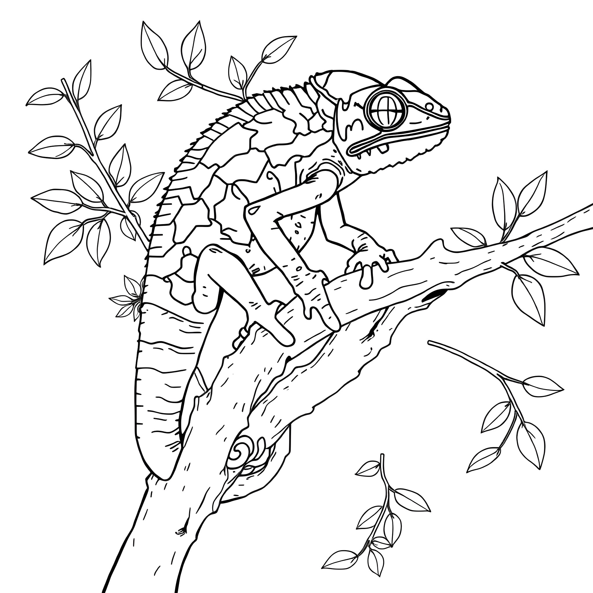 Chameleon perched on a branch with leaves Coloring Page (free black-and-white line drawing printable PDF for all, from beginners to advanced learners, including children, teens, adults, and seniors)