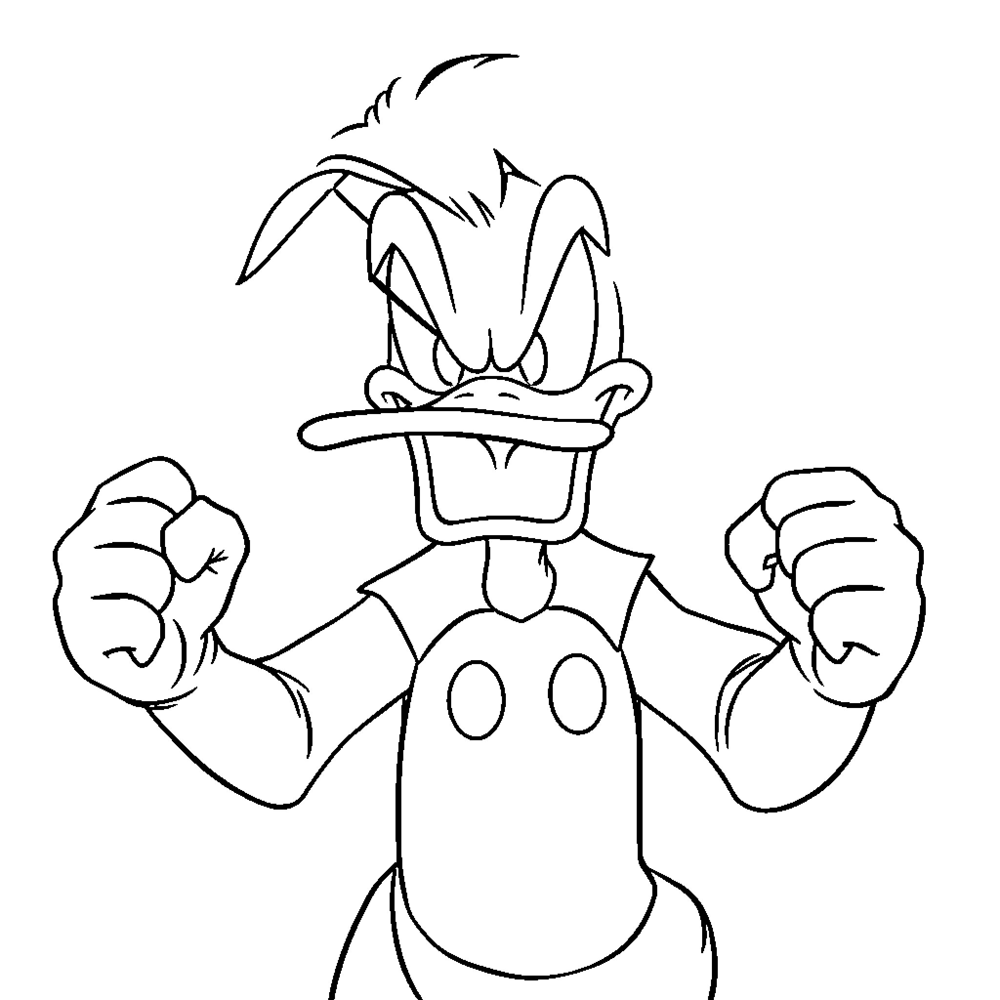 Donald Duck making a silly face with fists raised Coloring Page (free black-and-white line drawing printable PDF for all, from beginners to advanced learners, including children, teens, adults, and seniors)
