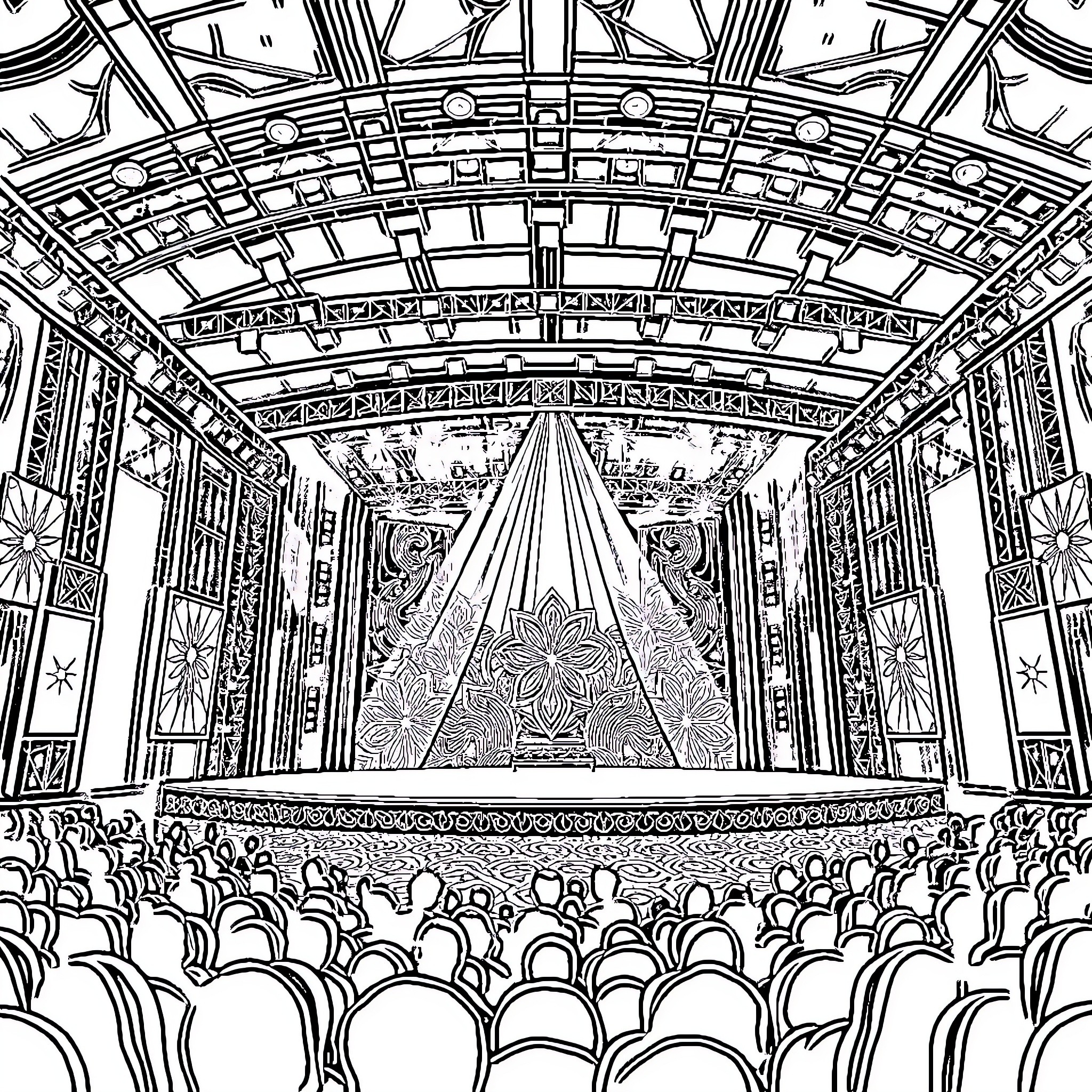 Stage with ornate architecture and audience Coloring Page (free black-and-white line drawing printable PDF for all, from beginners to advanced learners, including children, teens, adults, and seniors)