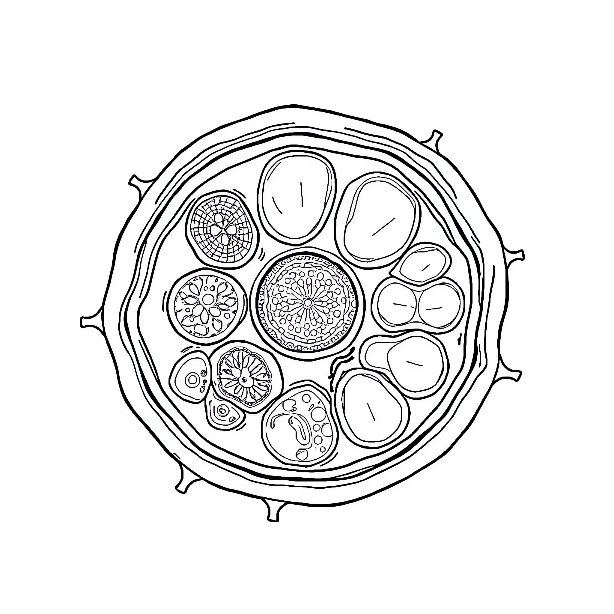Plant Cell Compartments and Organelles Coloring Page (free black-and-white line drawing printable PDF for all, from beginners to advanced learners, including children, teens, adults, and seniors)