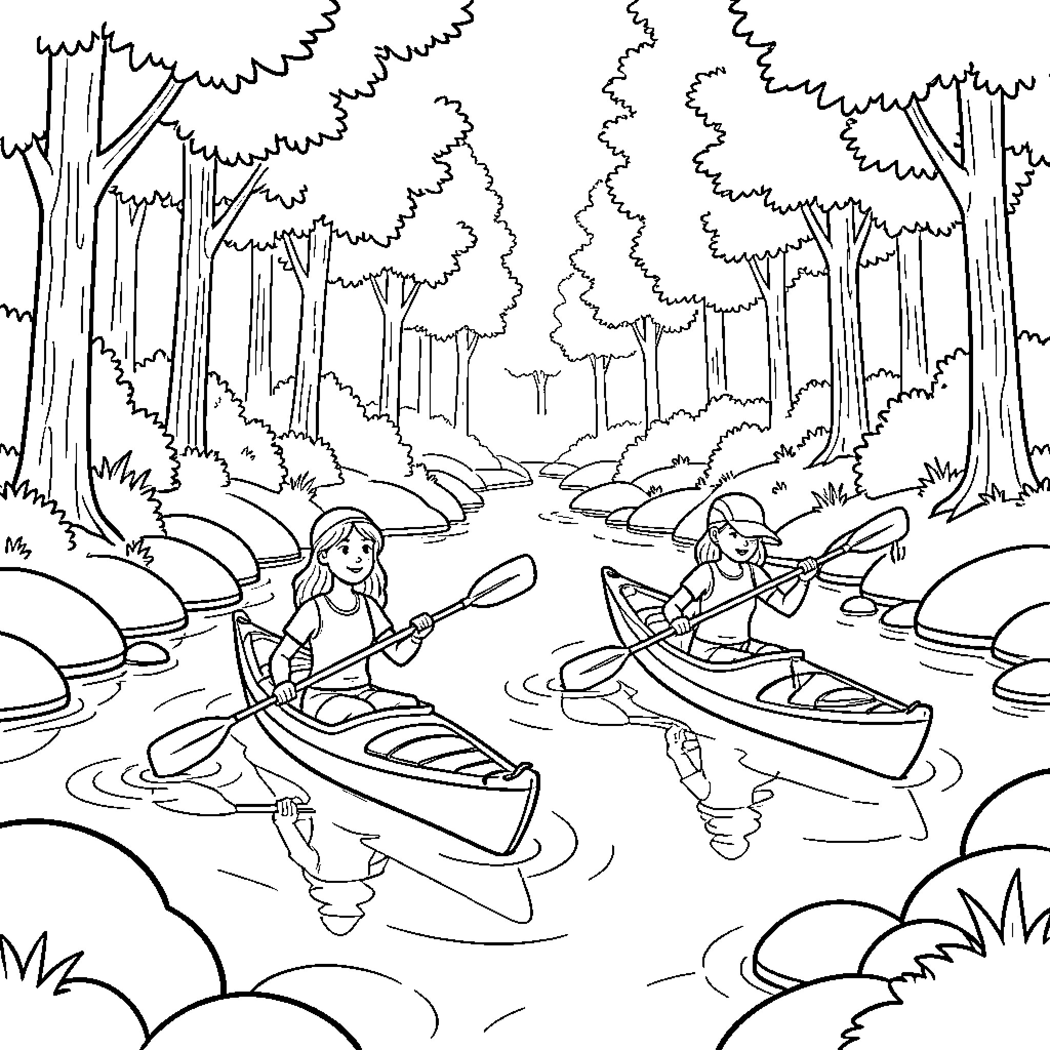 Women kayaking peacefully through serene forest waterway Coloring Page (free black-and-white line drawing printable PDF for all, from beginners to advanced learners, including children, teens, adults, and seniors)