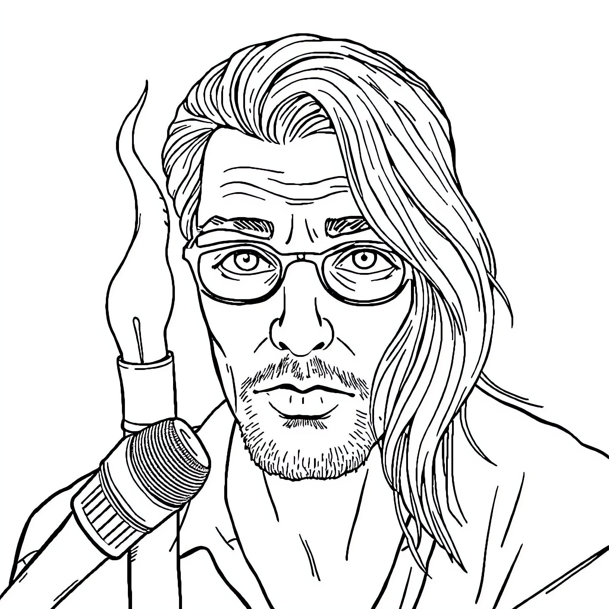 Client portrait of thoughtful individual with glasses and smoking Coloring Page (free black-and-white line drawing printable PDF for all, from beginners to advanced learners, including children, teens, adults, and seniors)