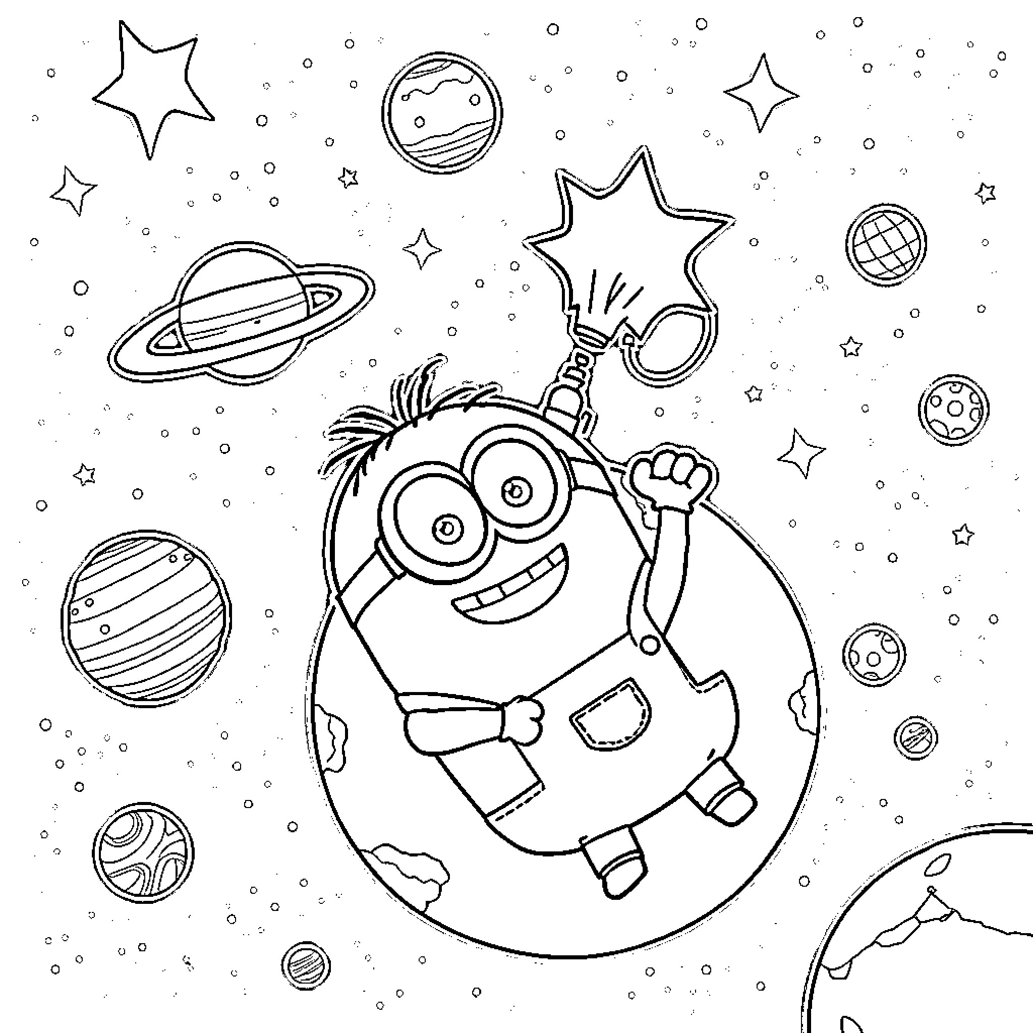 Minion exploring the cosmic wonders Coloring Page (free black-and-white line drawing printable PDF for all, from beginners to advanced learners, including children, teens, adults, and seniors)