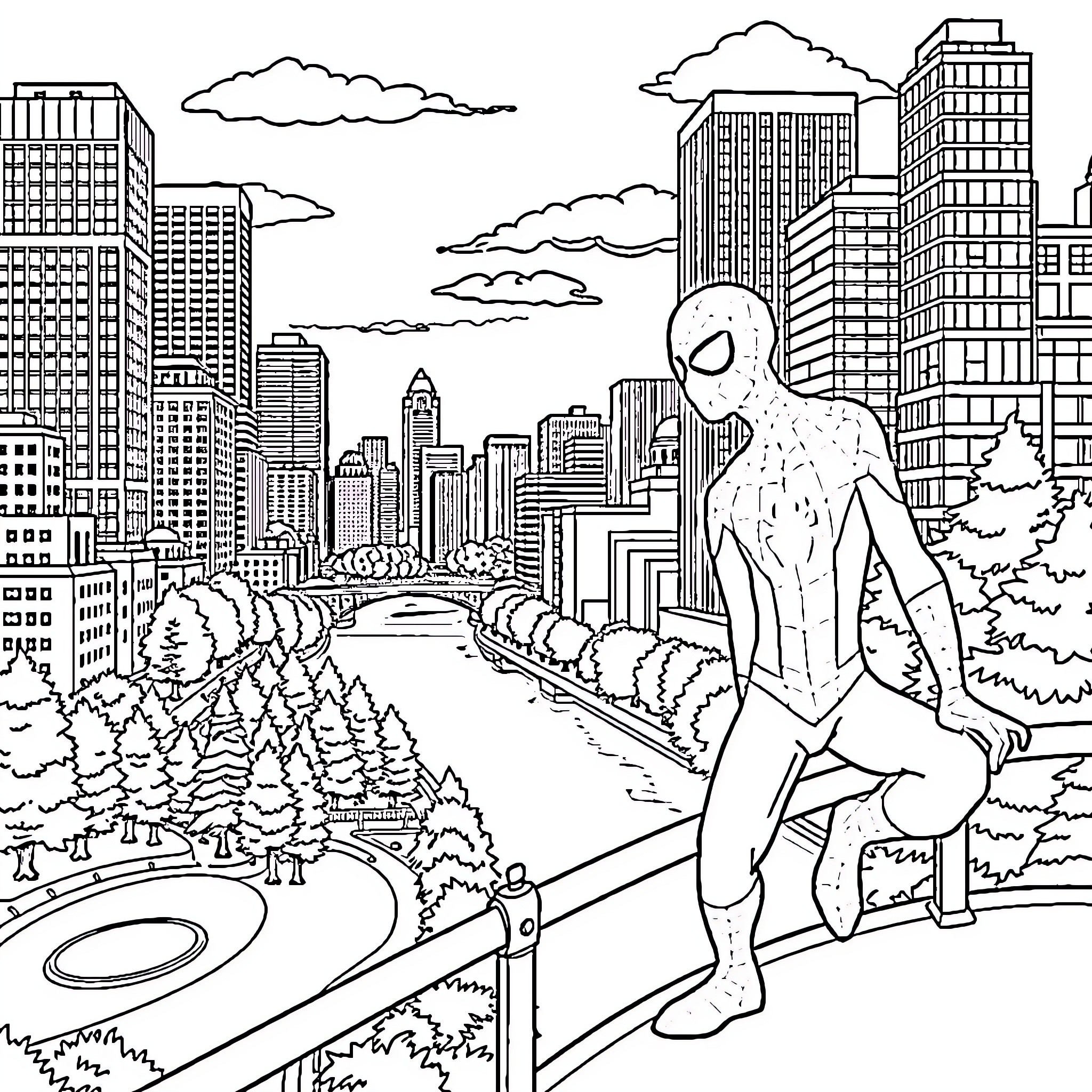 Spiderman overlooking the cityscape Coloring Page (free black-and-white line drawing printable PDF for all, from beginners to advanced learners, including children, teens, adults, and seniors)